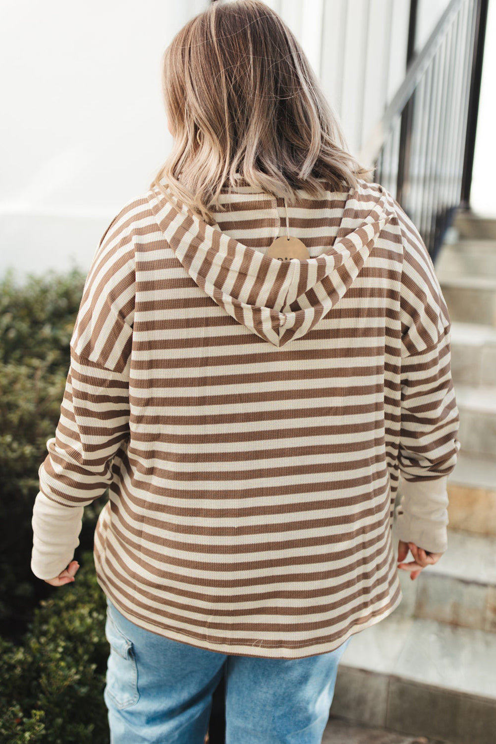 Brown Stripe Drop Sleeve Plus Size Henley Hoodie-Plus Size Tops-[Adult]-[Female]-2022 Online Blue Zone Planet