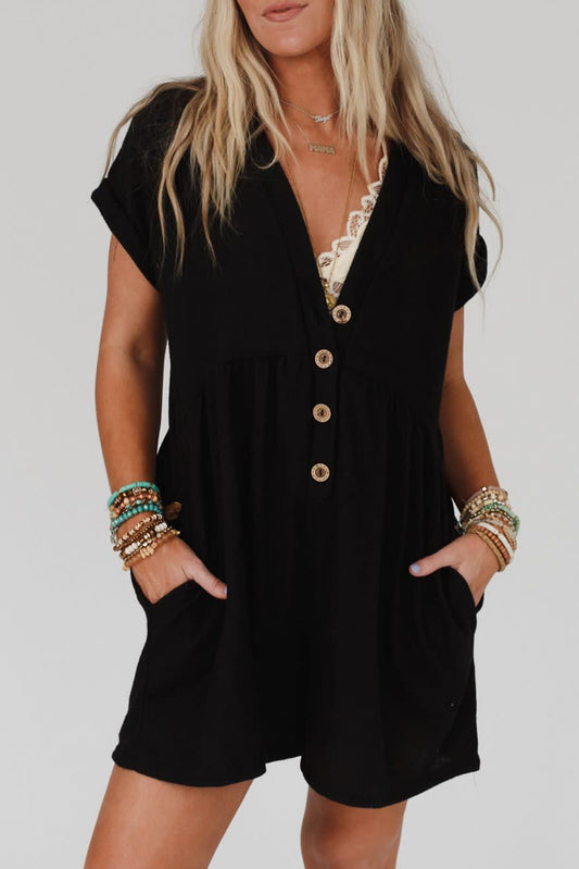 Black V Neck Buttons Loose Cuffed Short Sleeve Romper Blue Zone Planet