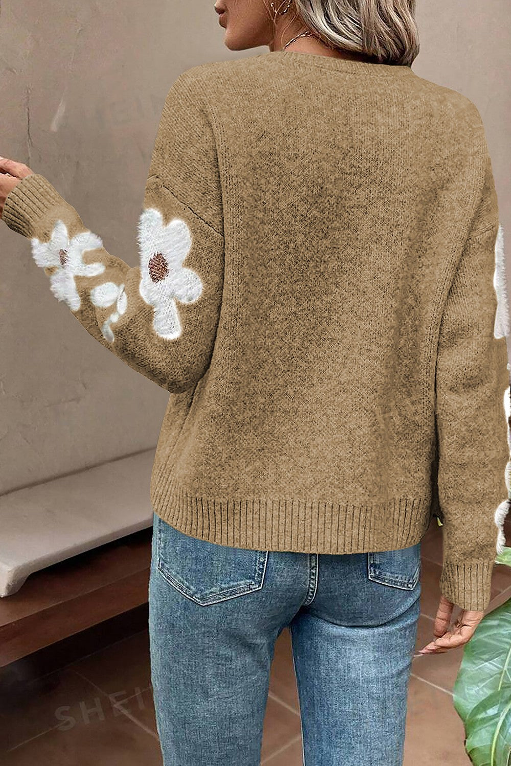 Flower Round Neck Long Sleeve Sweater-TOPS / DRESSES-[Adult]-[Female]-2022 Online Blue Zone Planet