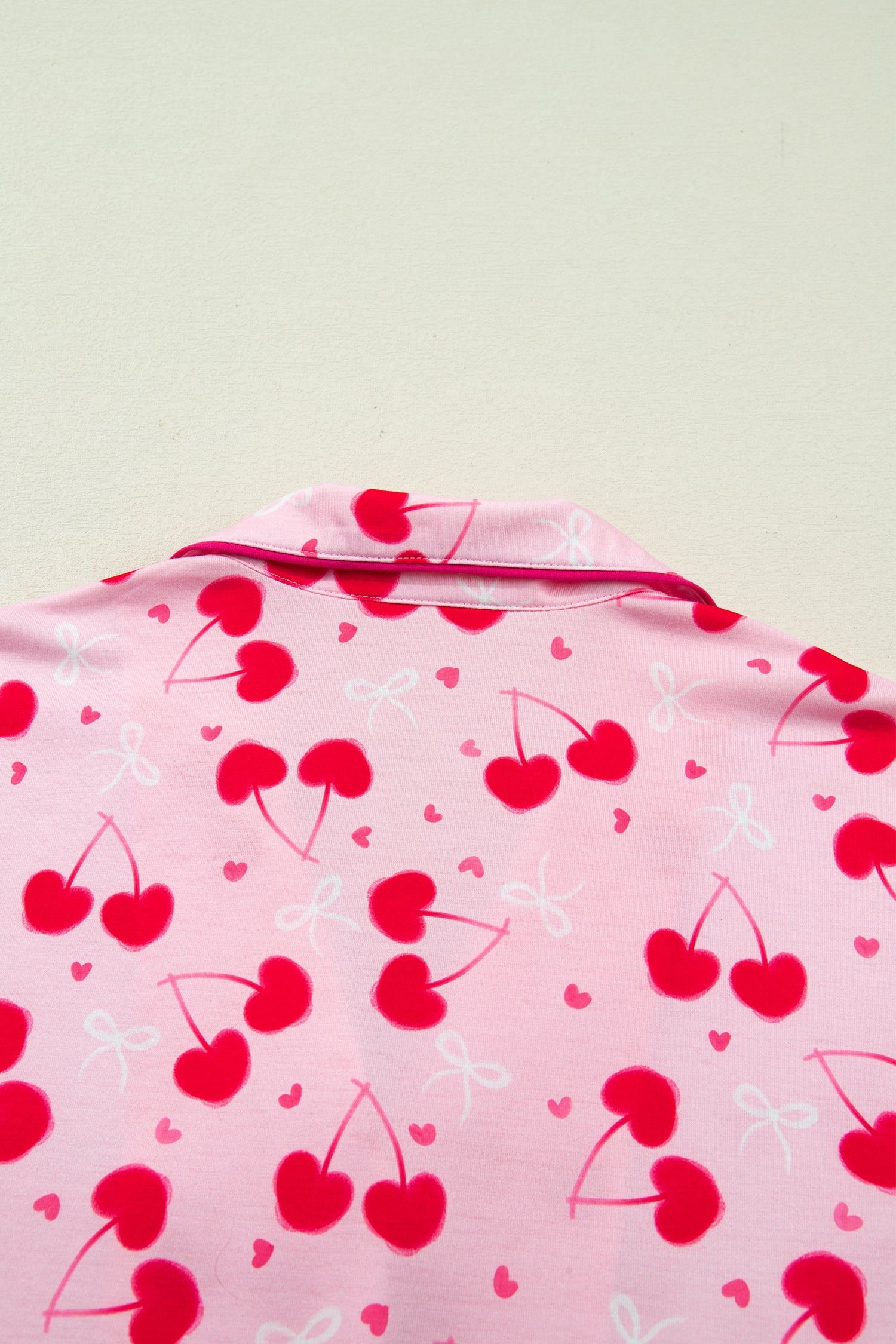 Rose Cherry Bow Mixed Print Scalloped Edge Short Pajama Set-Loungewear & Sleepwear/Loungewear-[Adult]-[Female]-2022 Online Blue Zone Planet