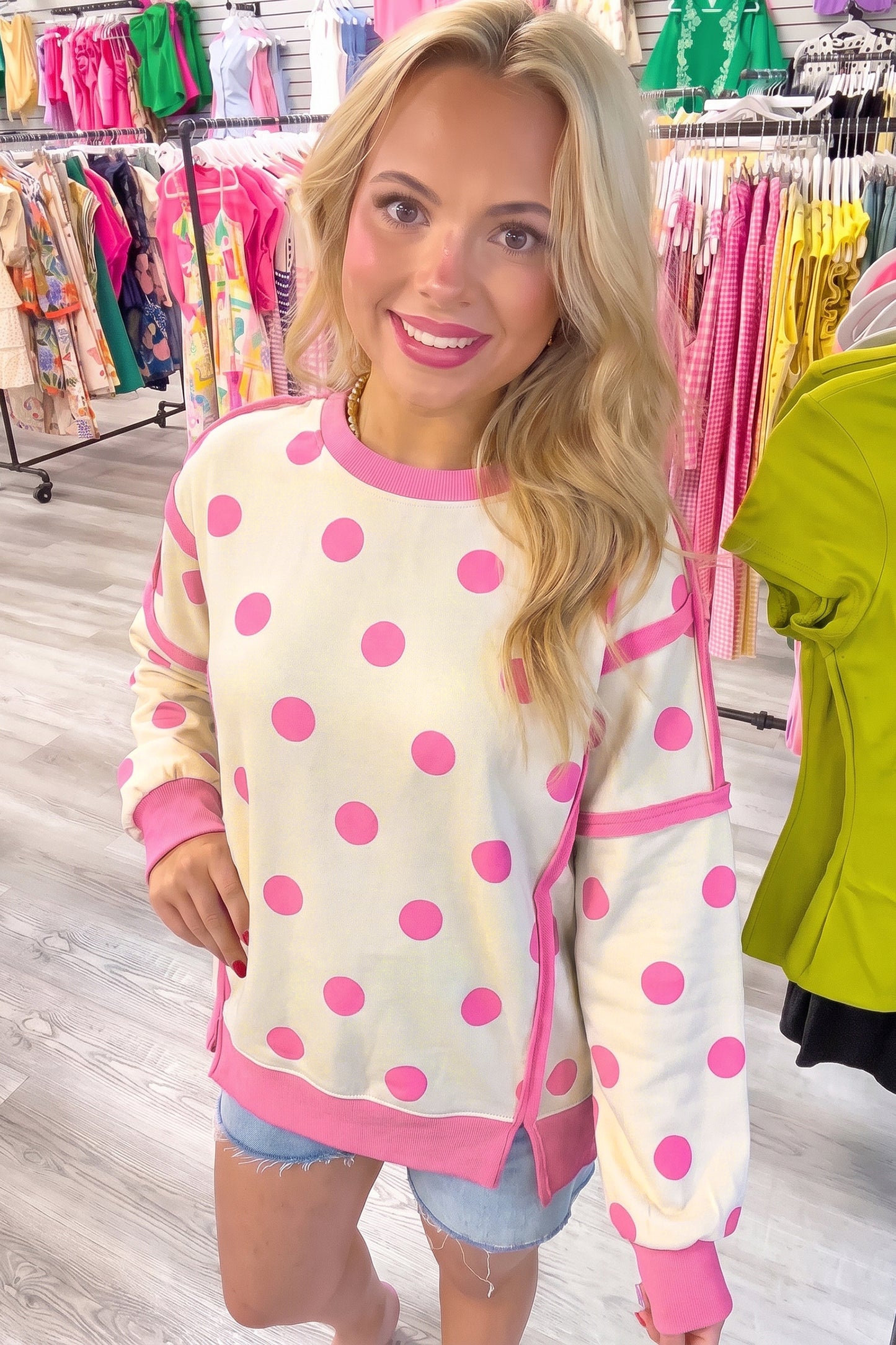 White Polka Dot Contrast Patchwork Round Neck Baggy Sweatshirt-Tops/Sweatshirts & Hoodies-[Adult]-[Female]-2022 Online Blue Zone Planet