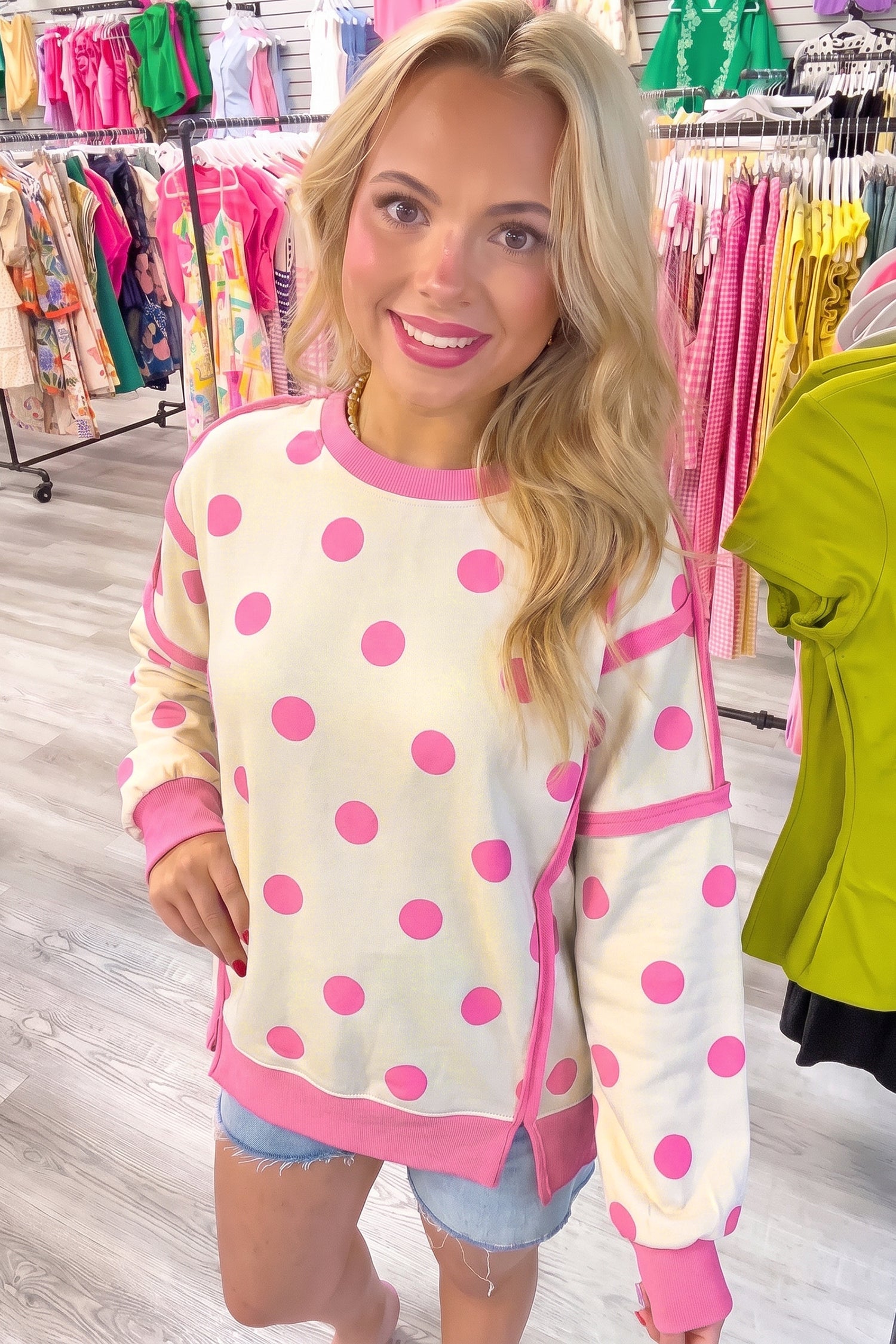 White Polka Dot Contrast Patchwork Round Neck Baggy Sweatshirt-Tops/Sweatshirts & Hoodies-[Adult]-[Female]-2022 Online Blue Zone Planet