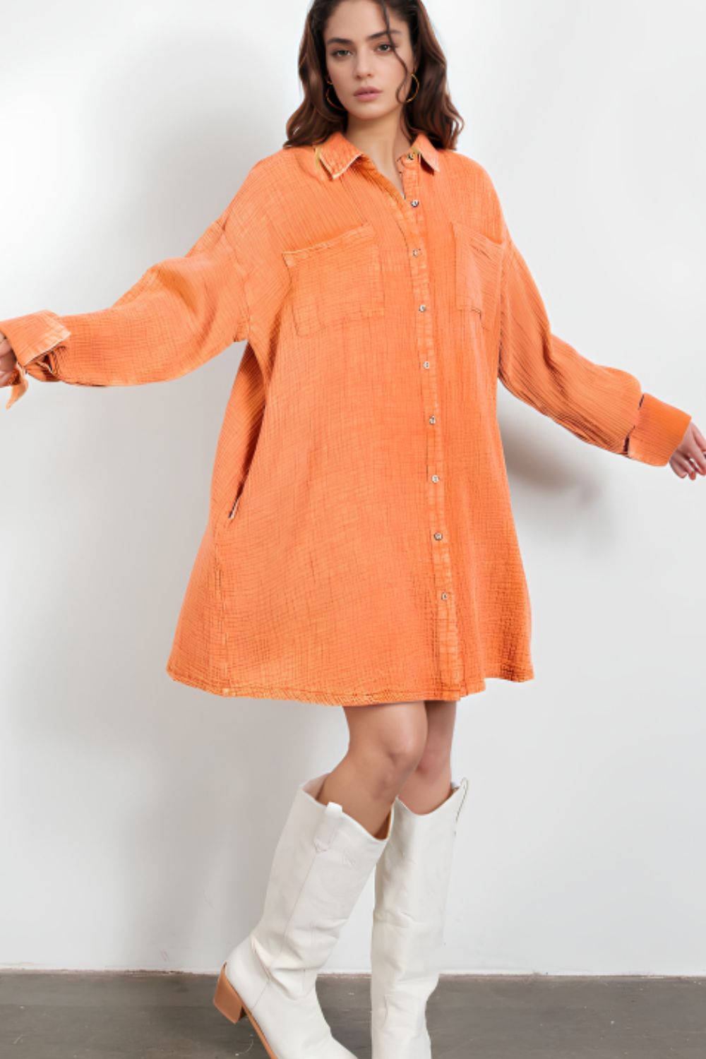 Blue Zone Planet | Pocketed Button Up Long Sleeve Shirt Dress-TOPS / DRESSES-[Adult]-[Female]-2022 Online Blue Zone Planet