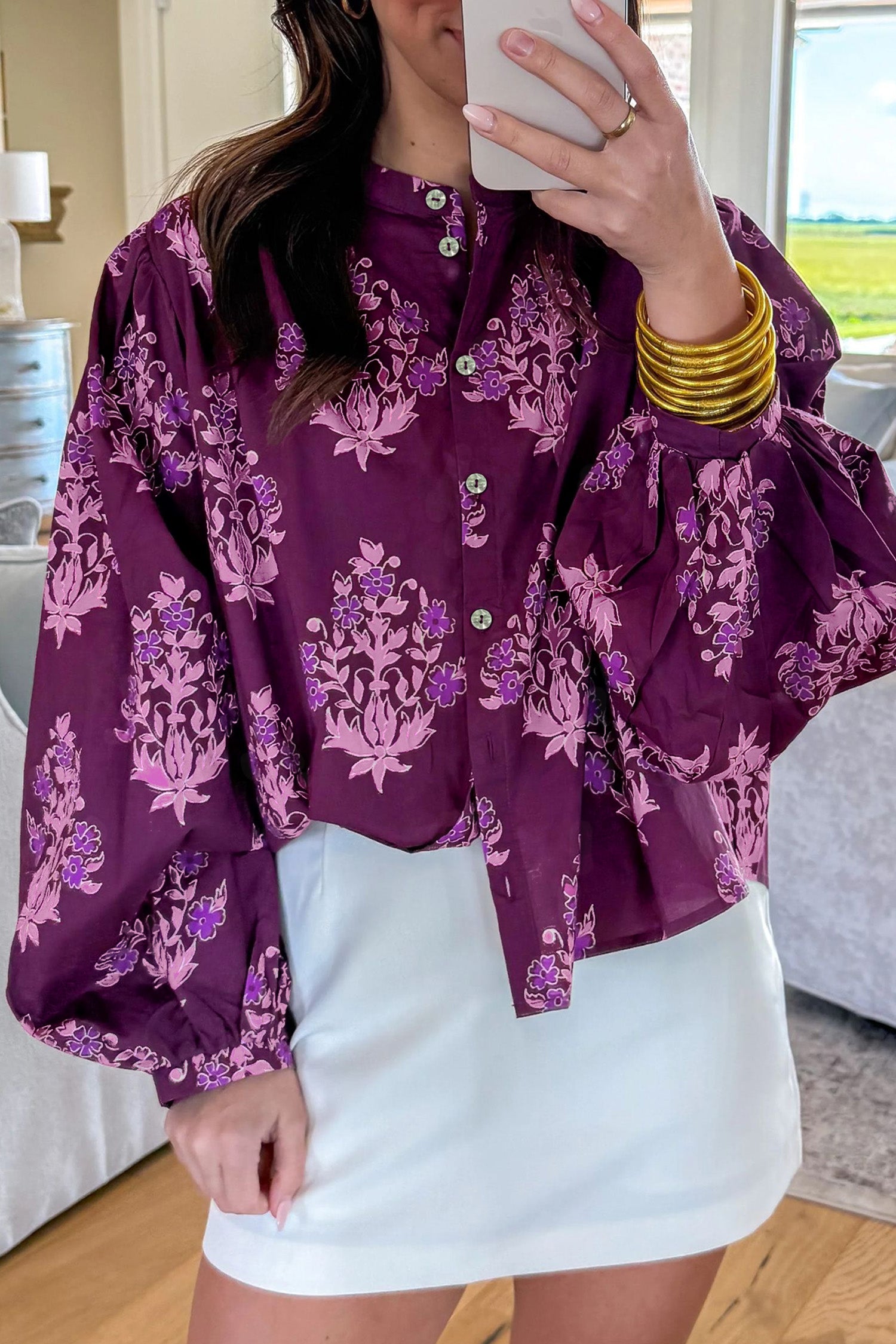 Purple Floral Print Button-Up Long Puff Sleeve Loose Shirt-Tops/Blouses & Shirts-[Adult]-[Female]-2022 Online Blue Zone Planet