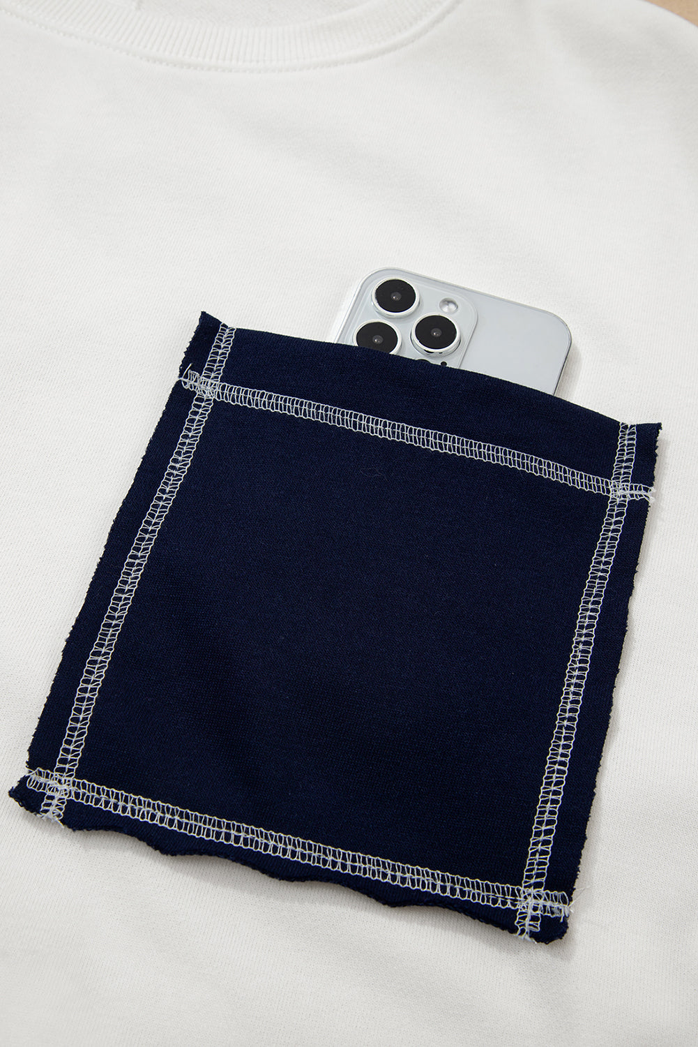 White Exposed Seam Detail Color Block Patch Pocket Drop Shoulder Sweatshirt-Tops/Sweatshirts & Hoodies-[Adult]-[Female]-2022 Online Blue Zone Planet