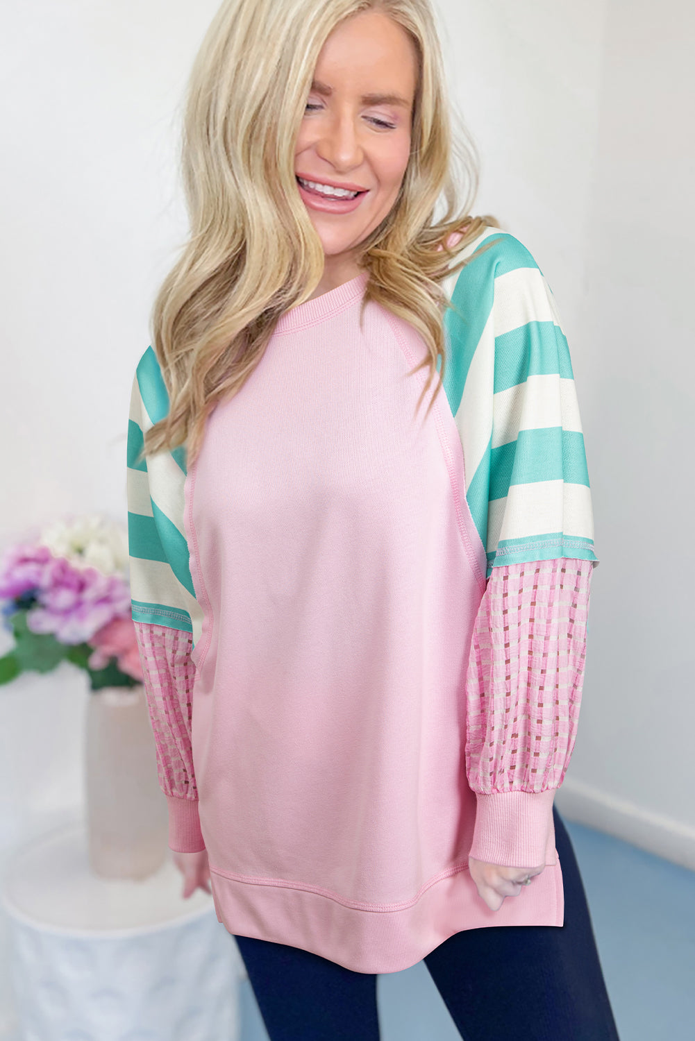 Bonbon Striped Colorblock Patchwork Raglan Pullover Top with Slits-Tops/Long Sleeve Tops-[Adult]-[Female]-2022 Online Blue Zone Planet