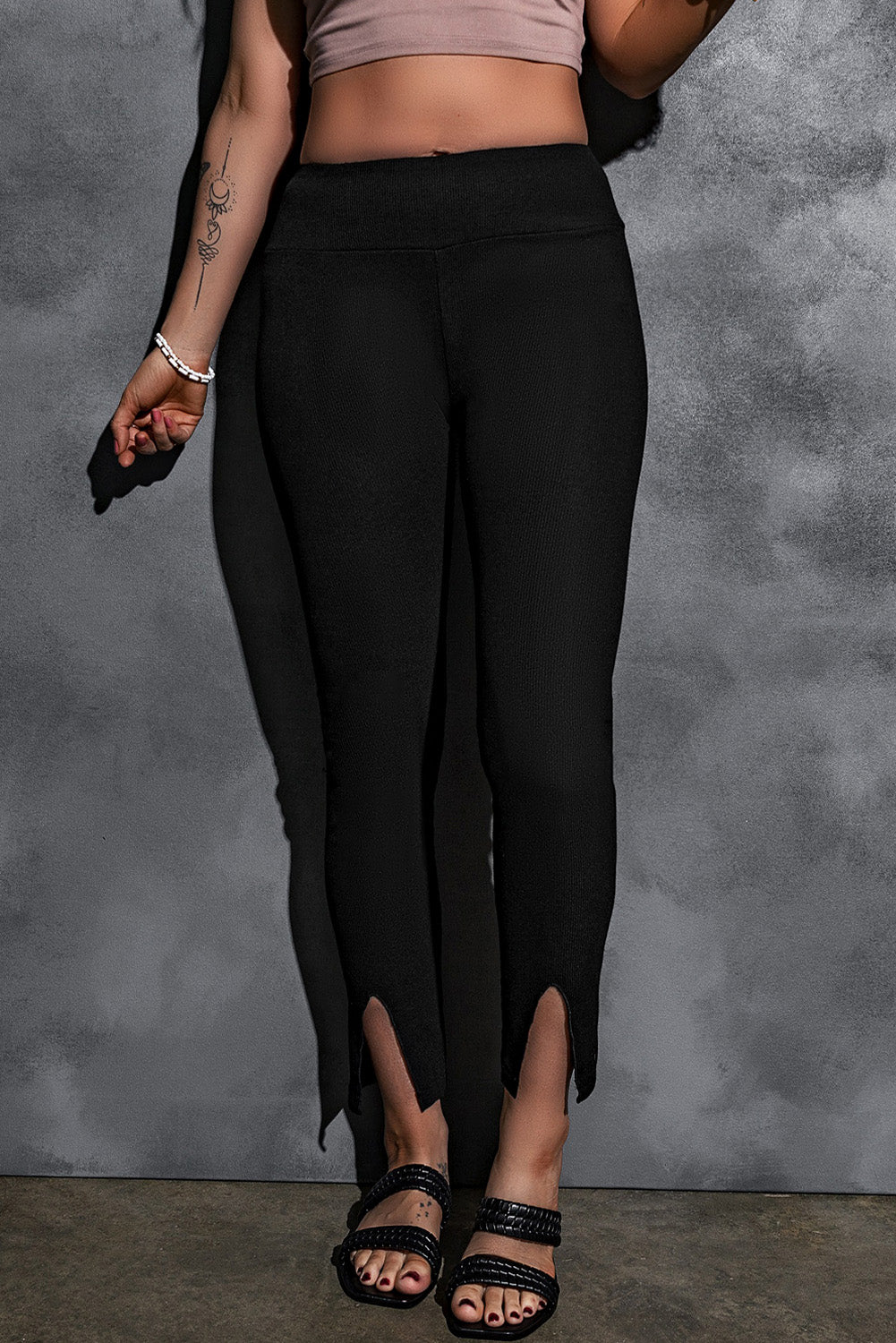 Black Rib Knit High Waist Slit Leggings-Tops / Dresses-[Adult]-[Female]-2022 Online Blue Zone Planet