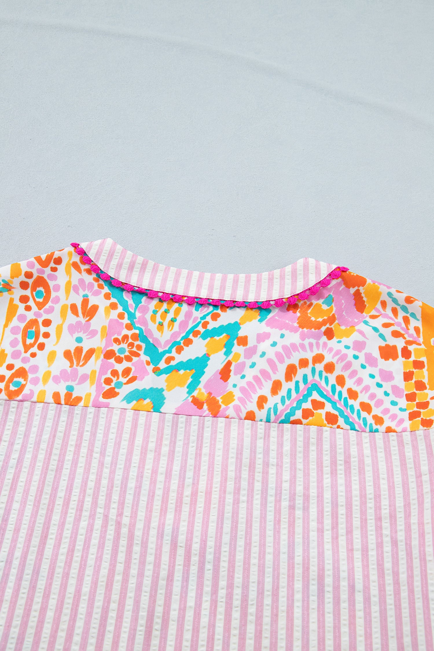 Rose Boho Mixed Print Contrast Trim Striped Patchwork Tiered Short Sleeve Blouse-Tops/Blouses & Shirts-[Adult]-[Female]-2022 Online Blue Zone Planet
