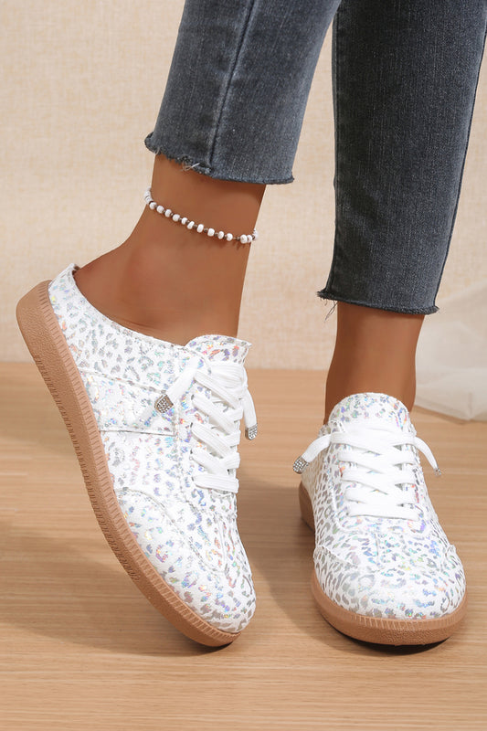 White Shiny Leopard Print Lace up Slip On Shoes-Shoes & Bags/Slippers-[Adult]-[Female]-White-37-2022 Online Blue Zone Planet