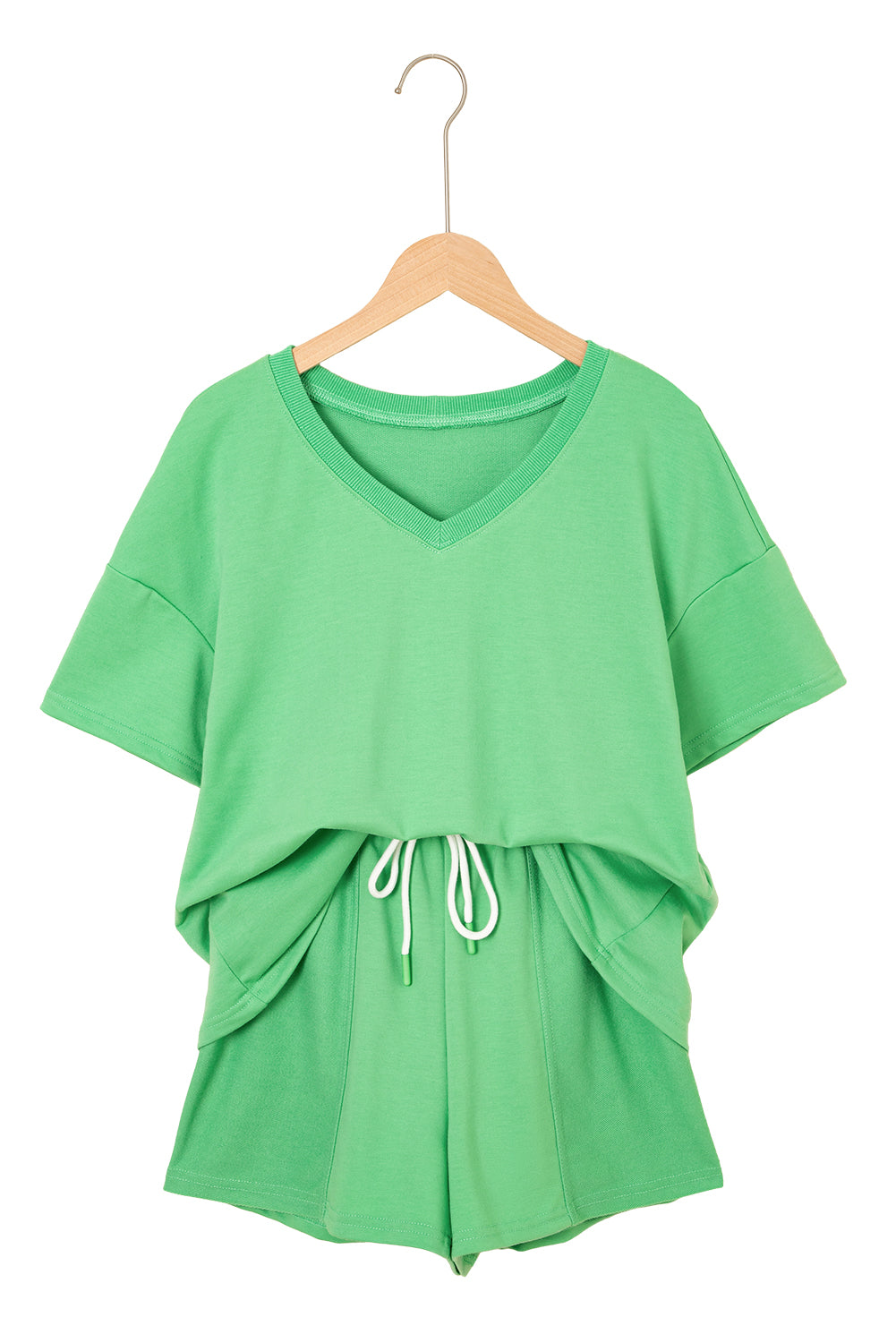 Mint Green V Neck Drop Shoulder Tee And Patchwork Drawstring Shorts Set-Two Piece Sets/Short Sets-[Adult]-[Female]-2022 Online Blue Zone Planet