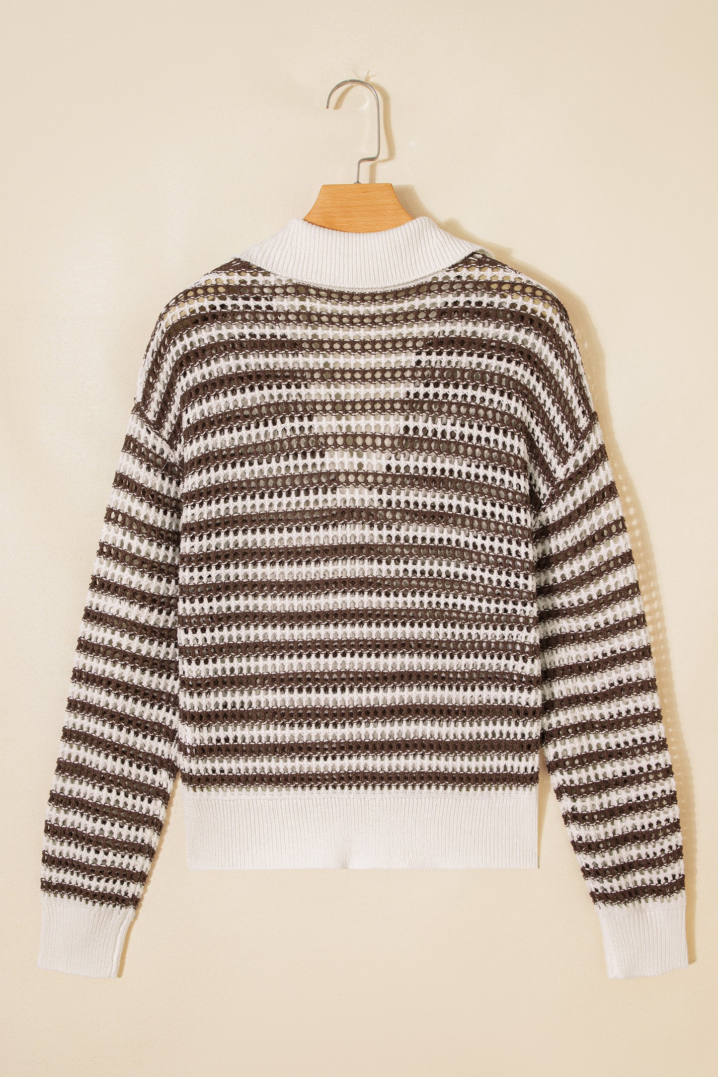 Brown Stripe Eyelet Hollow-out Contrast Collared Pullover Chic Sweater-TOPS / DRESSES-[Adult]-[Female]-2022 Online Blue Zone Planet