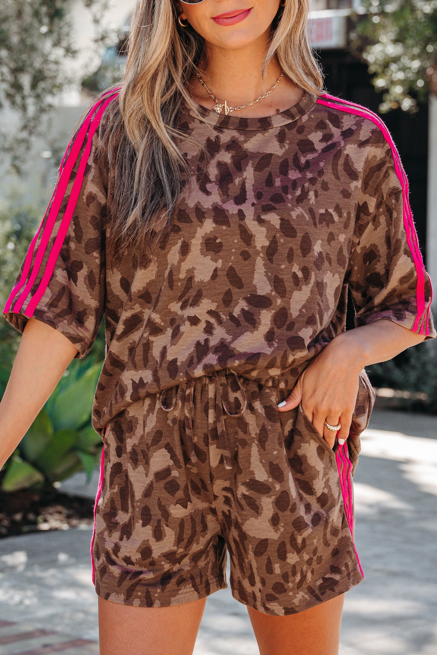 Brown Contrast Striped Accent Leopard Short Set-Two Piece Sets/Short Sets-[Adult]-[Female]-2022 Online Blue Zone Planet