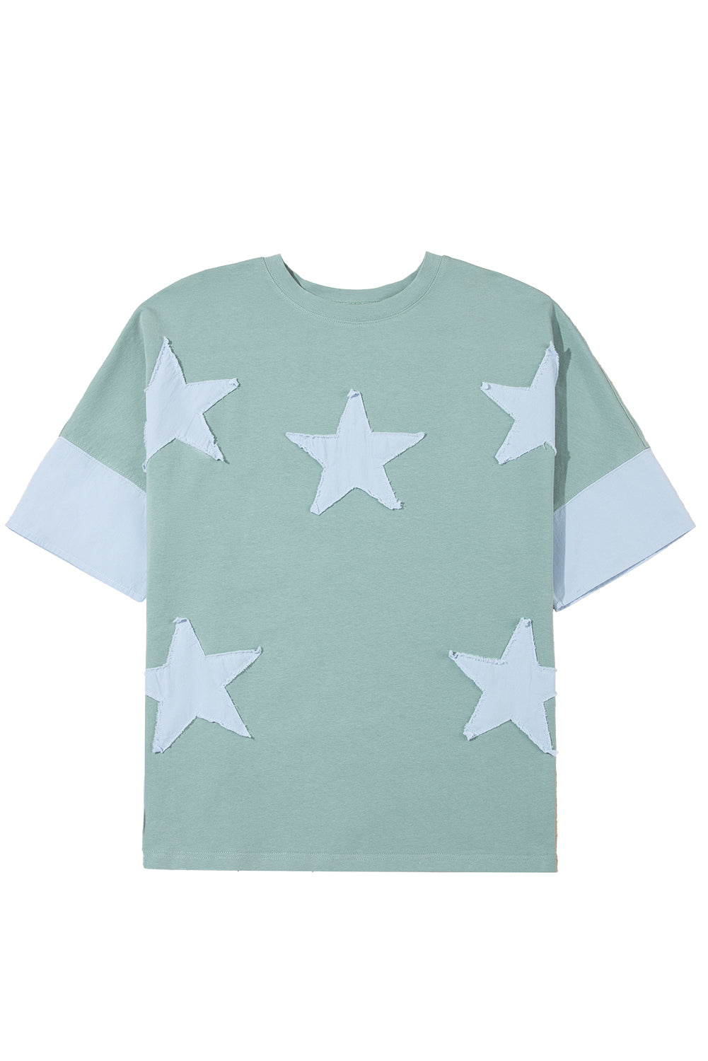 Smoke Green Frayed Denim Star Patched Oversize T Shirt-Tops/Tops & Tees-[Adult]-[Female]-2022 Online Blue Zone Planet