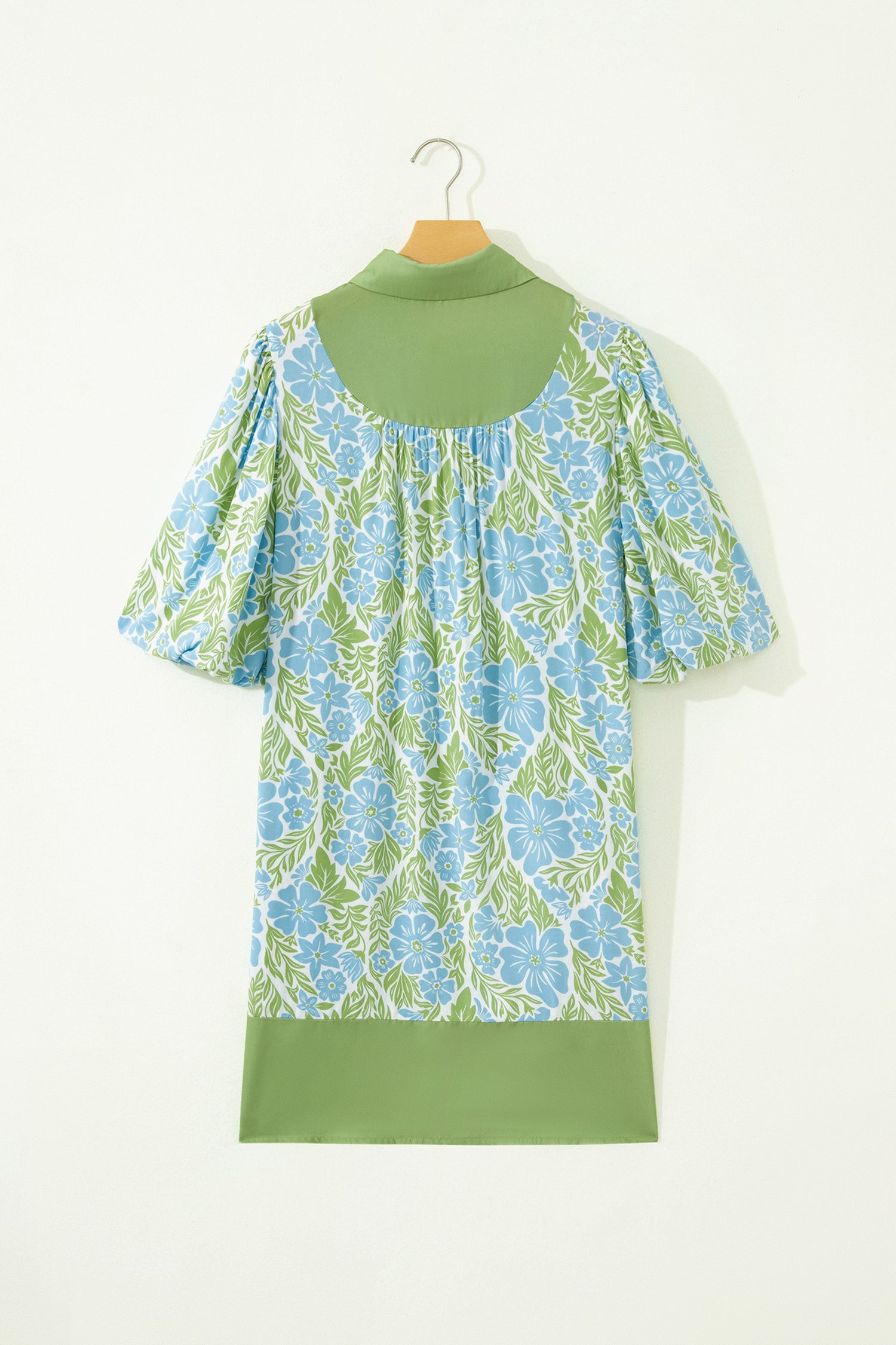 Sky Blue Floral Print Color Block Patchwork Shirt Collar Half Sleeve Mini Dress-Dresses/Mini Dresses-[Adult]-[Female]-2022 Online Blue Zone Planet