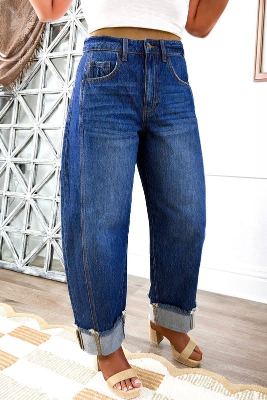 Sail Blue Raw Hem Turnup Loose Ankle-length Jeans-Bottoms/Jeans-[Adult]-[Female]-Sail Blue-4-2022 Online Blue Zone Planet