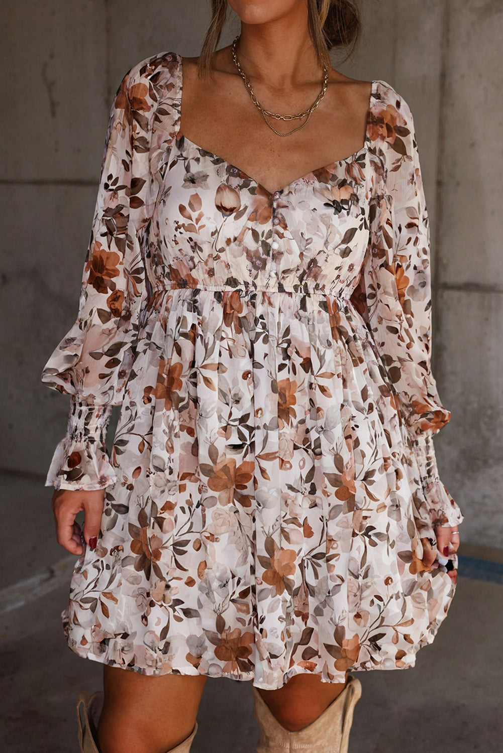 White Floral Print Sweetheart Neck Long Sleeve High Waist Mini Dress-TOPS / DRESSES-[Adult]-[Female]-2022 Online Blue Zone Planet