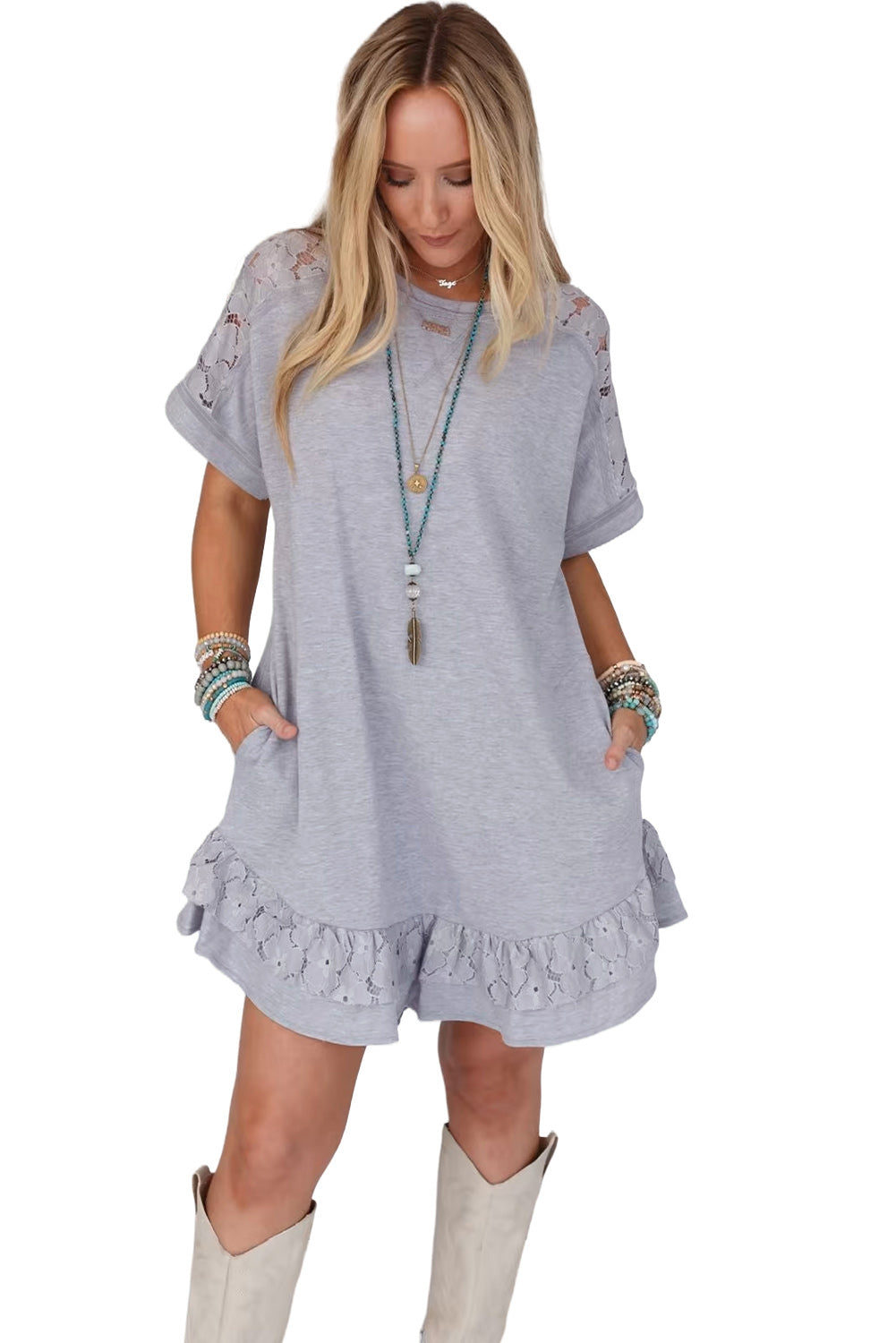 Light Grey Lace Floral Patchwork Ruffled T-shirt Dress Blue Zone Planet