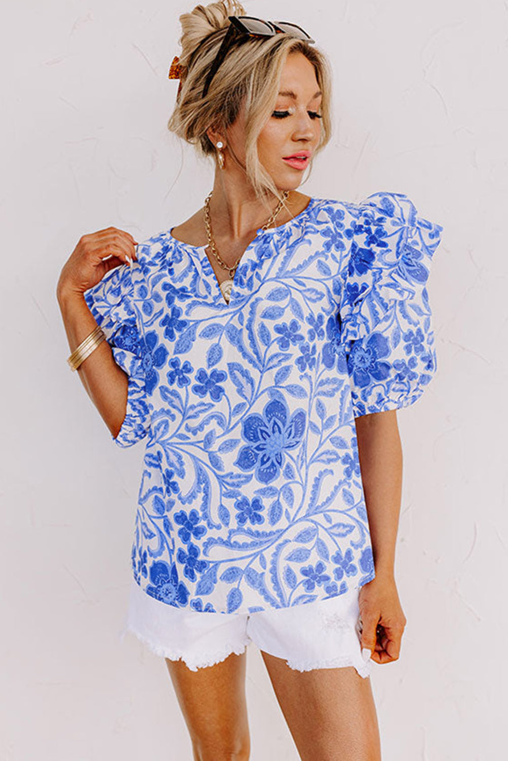 Dark Blue Floral Print Ruffled Bubble Sleeve Blouse-Tops/Blouses & Shirts-[Adult]-[Female]-2022 Online Blue Zone Planet