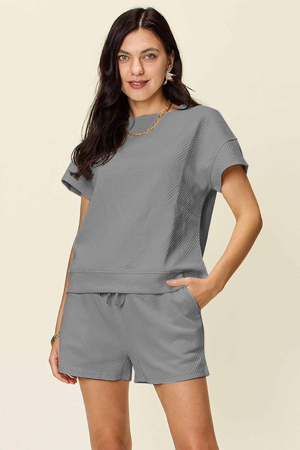 Blue Zone Planet | Double Take Full Size Texture Short Sleeve T-Shirt and Drawstring Shorts Set-TOPS / DRESSES-[Adult]-[Female]-Gray-S-2022 Online Blue Zone Planet