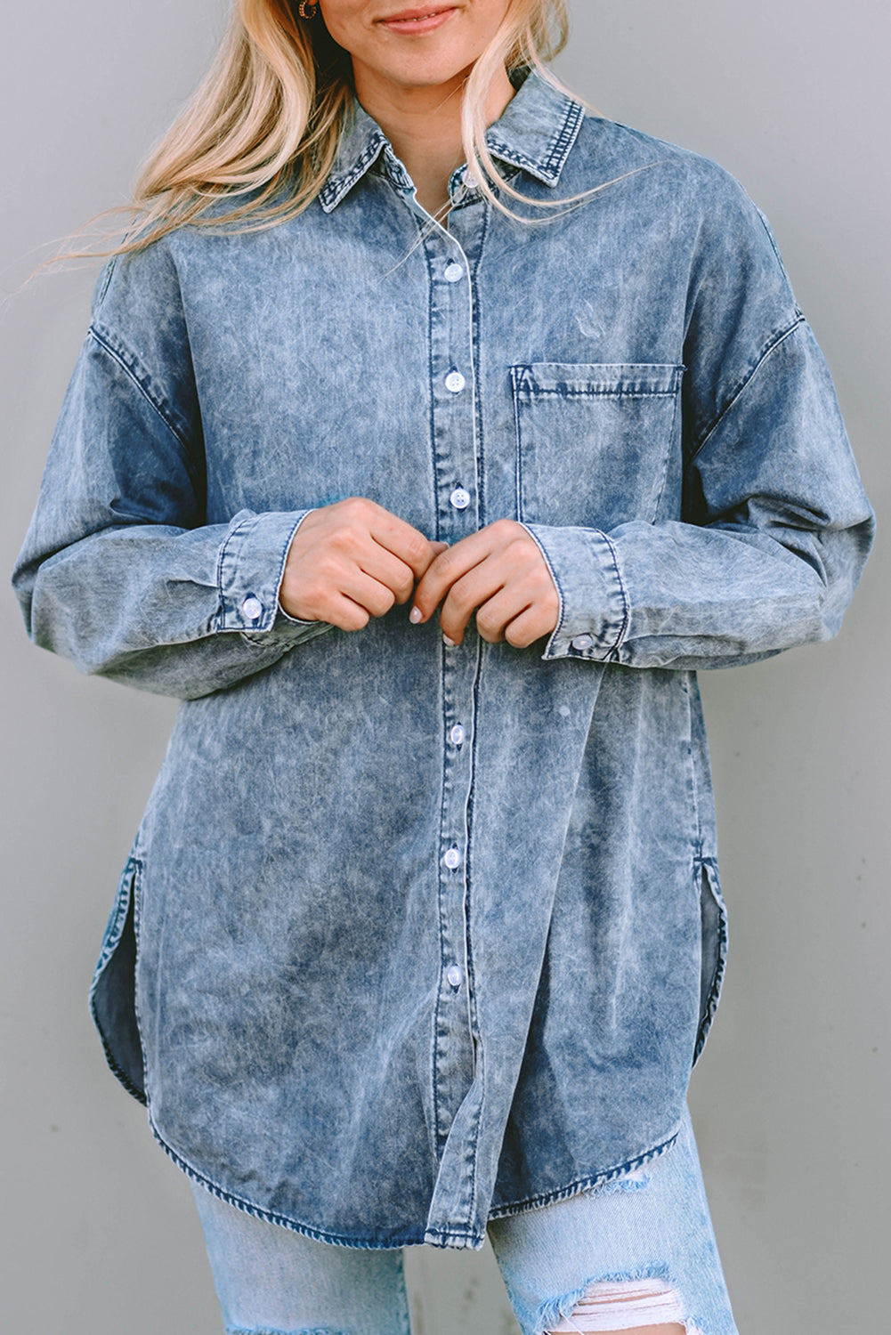Sky Blue Vintage Washed Chest Pocket Denim Shirt-Sale (50% OFF)/30% OFF-[Adult]-[Female]-2022 Online Blue Zone Planet