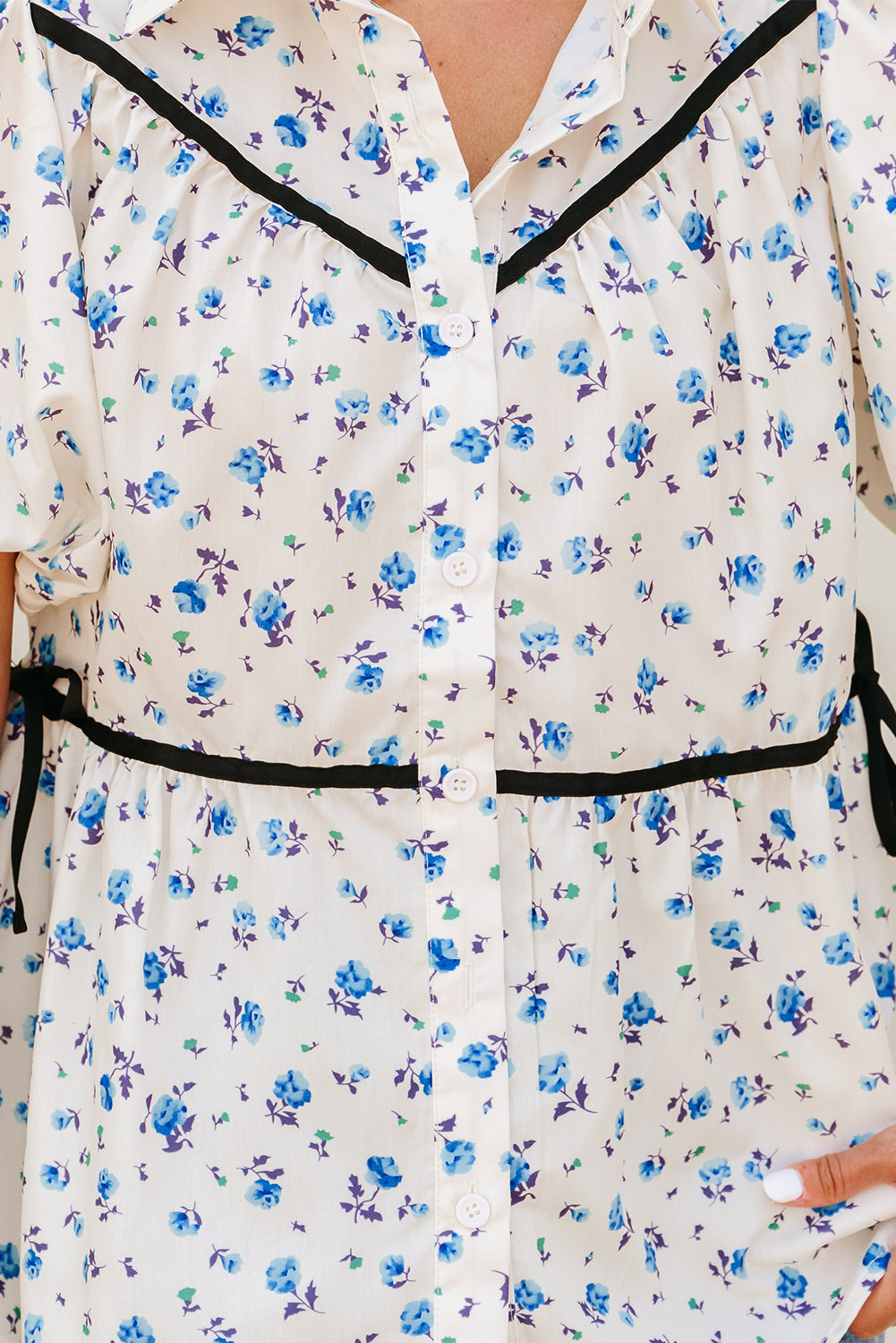 White Contrast Trim Floral Puff Short Sleeve Shirt-Tops/Blouses & Shirts-[Adult]-[Female]-2022 Online Blue Zone Planet