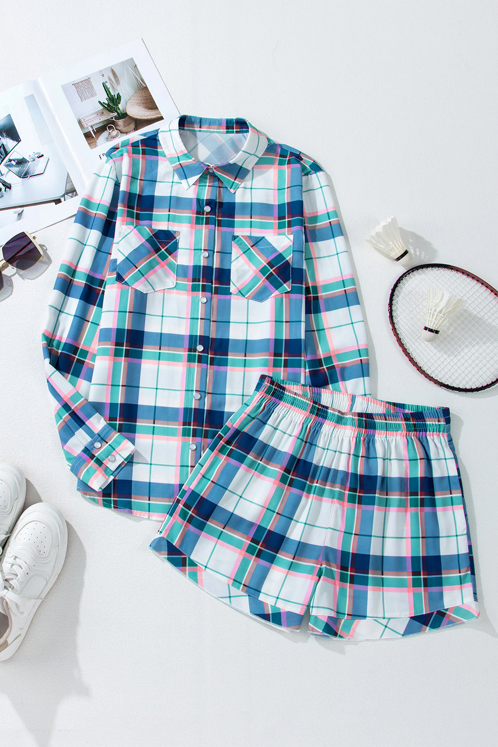 Blue Plaid Print Shirt and Shorts 2Pcs Lounge Set-Loungewear & Sleepwear/Loungewear-[Adult]-[Female]-2022 Online Blue Zone Planet