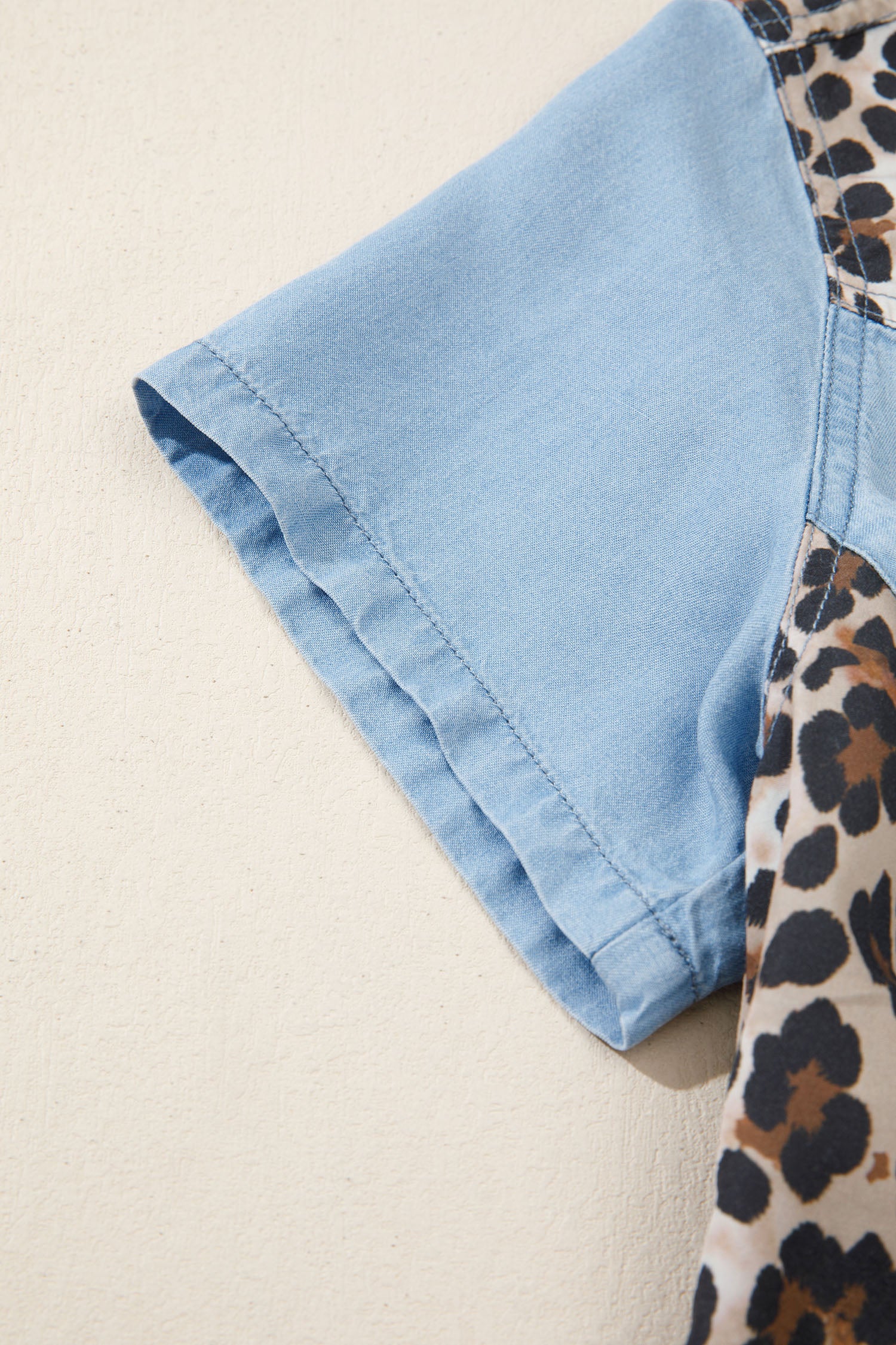 Myosotis Denim Color Block Leopard Patchwork Shirt Collar T Shirt Mini Dress-Dresses/T Shirt Dresses-[Adult]-[Female]-2022 Online Blue Zone Planet