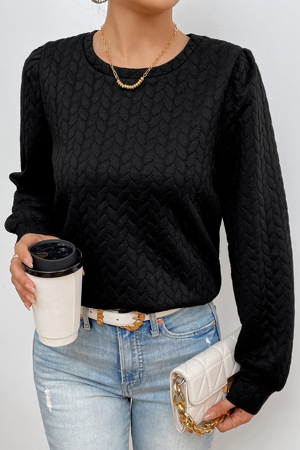 Texture Round Neck Long Sleeve Sweatshirt-TOPS / DRESSES-[Adult]-[Female]-2022 Online Blue Zone Planet