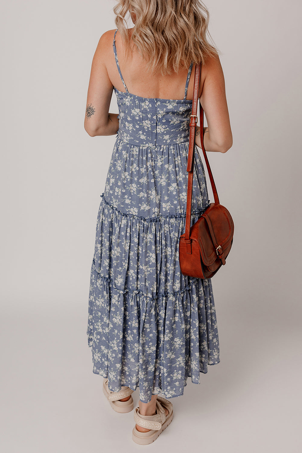 Blue Floral Spaghetti Strap Frilled V Neck Tiered Midi Dress-TOPS / DRESSES-[Adult]-[Female]-2022 Online Blue Zone Planet