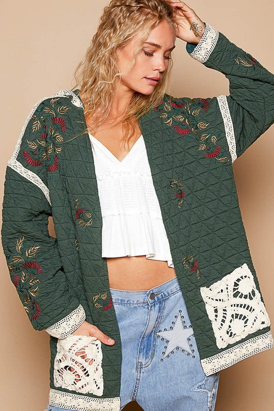 Blue Zone Planet | POL Embroidered Open Front Quilted Jacket with Crochet Pockets-TOPS / DRESSES-[Adult]-[Female]-Dark Green-S-2022 Online Blue Zone Planet