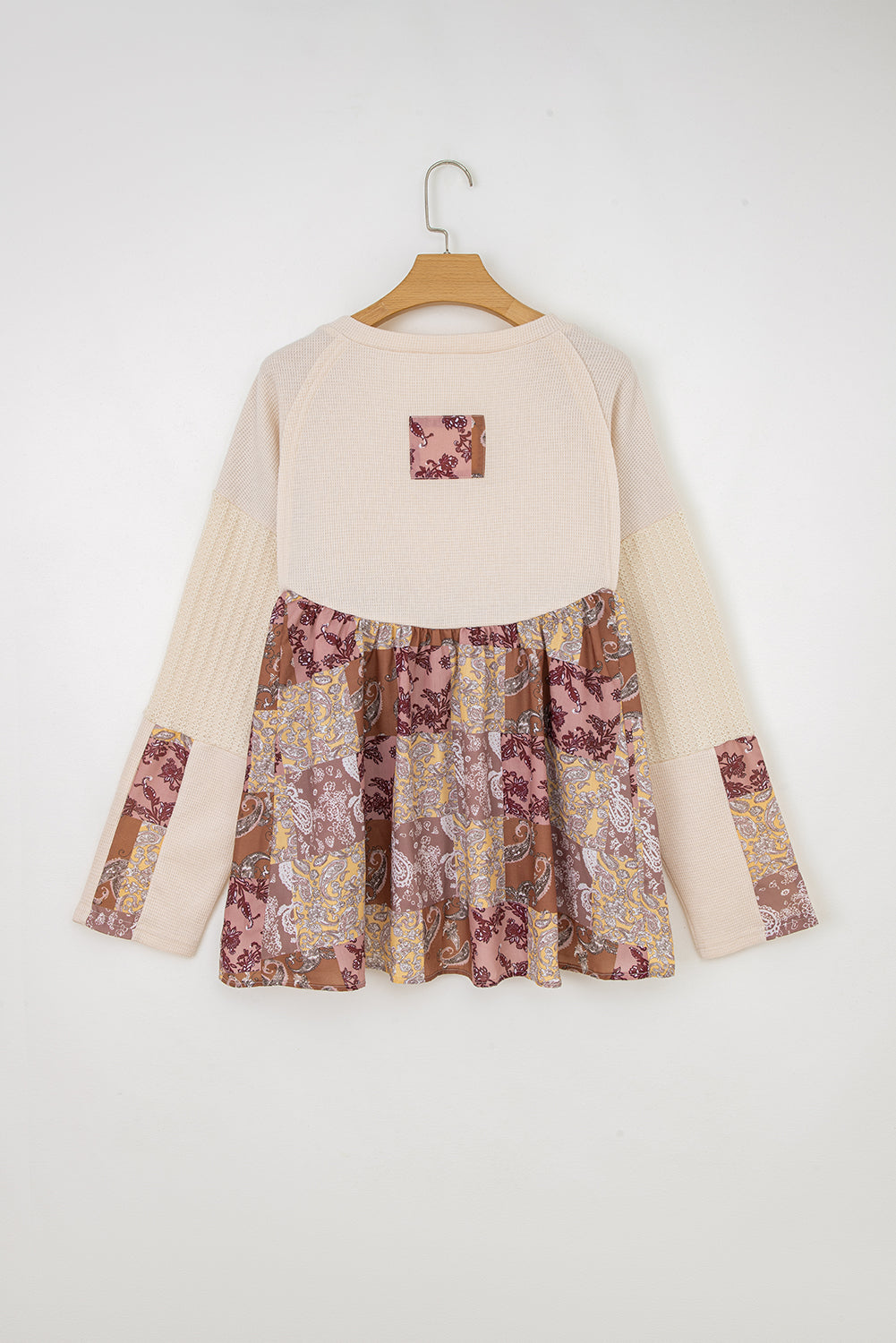 Beige Paisley Ethnic Print Contrast Patchwork Long Sleeve Loose Top-Tops/Blouses & Shirts-[Adult]-[Female]-2022 Online Blue Zone Planet