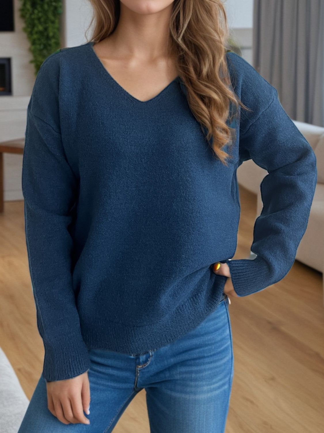 Blue Zone Planet | V-Neck Dropped Shoulder Long Sleeve Sweater-TOPS / DRESSES-[Adult]-[Female]-2022 Online Blue Zone Planet