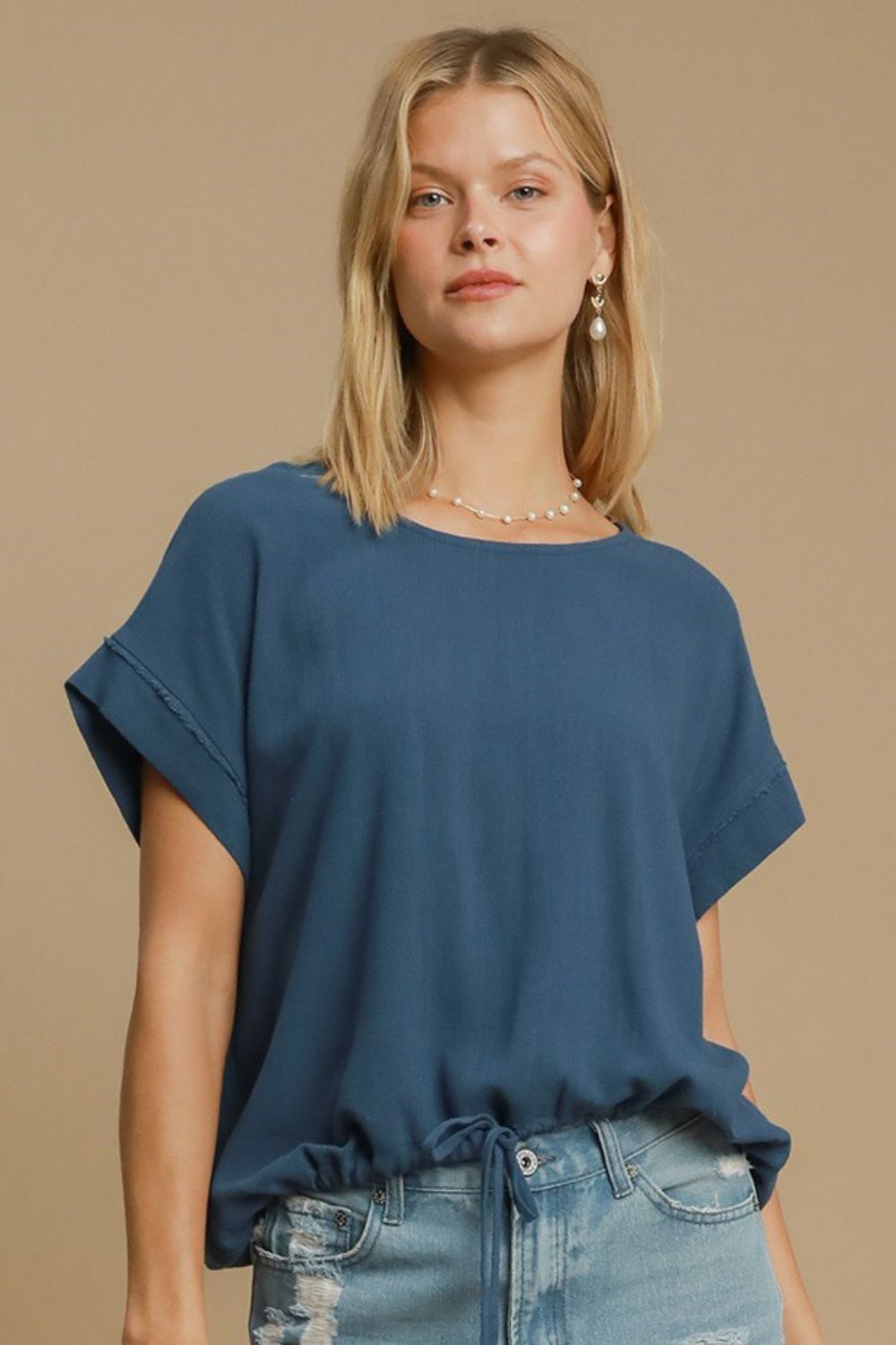 Umgee Drawstring Hem Round Neck Short Sleeve T-Shirt-TOPS / DRESSES-[Adult]-[Female]-Peacock Blue-S-2022 Online Blue Zone Planet