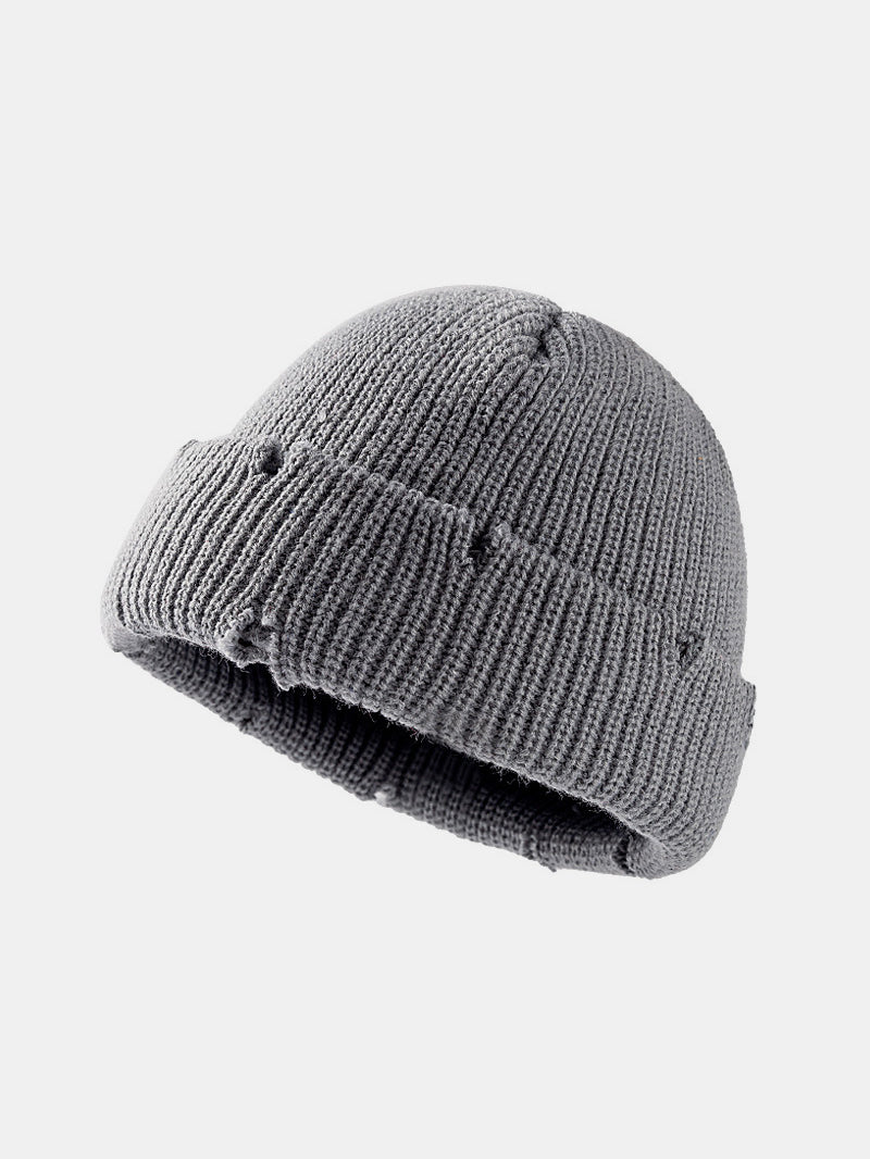 Distressed Cuffed Knit Hat-BEANIES-[Adult]-[Female]-Gray-One Size-2022 Online Blue Zone Planet