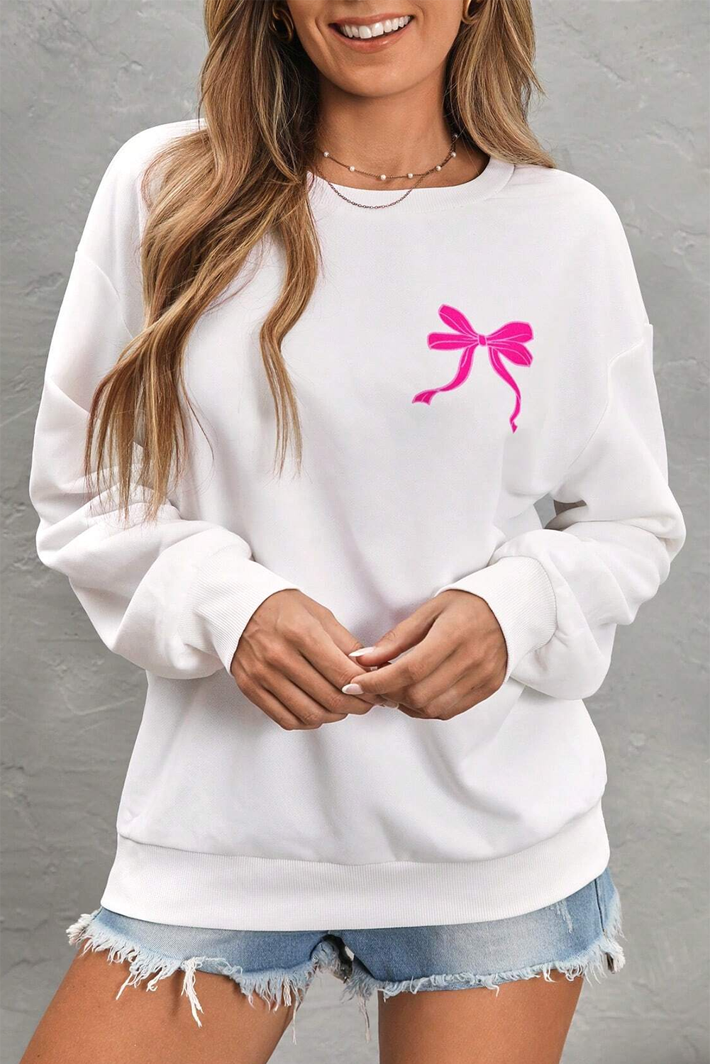 White Bow Graphic Casual Crewneck Sweatshirt-Graphic Sweatshirts-[Adult]-[Female]-2022 Online Blue Zone Planet