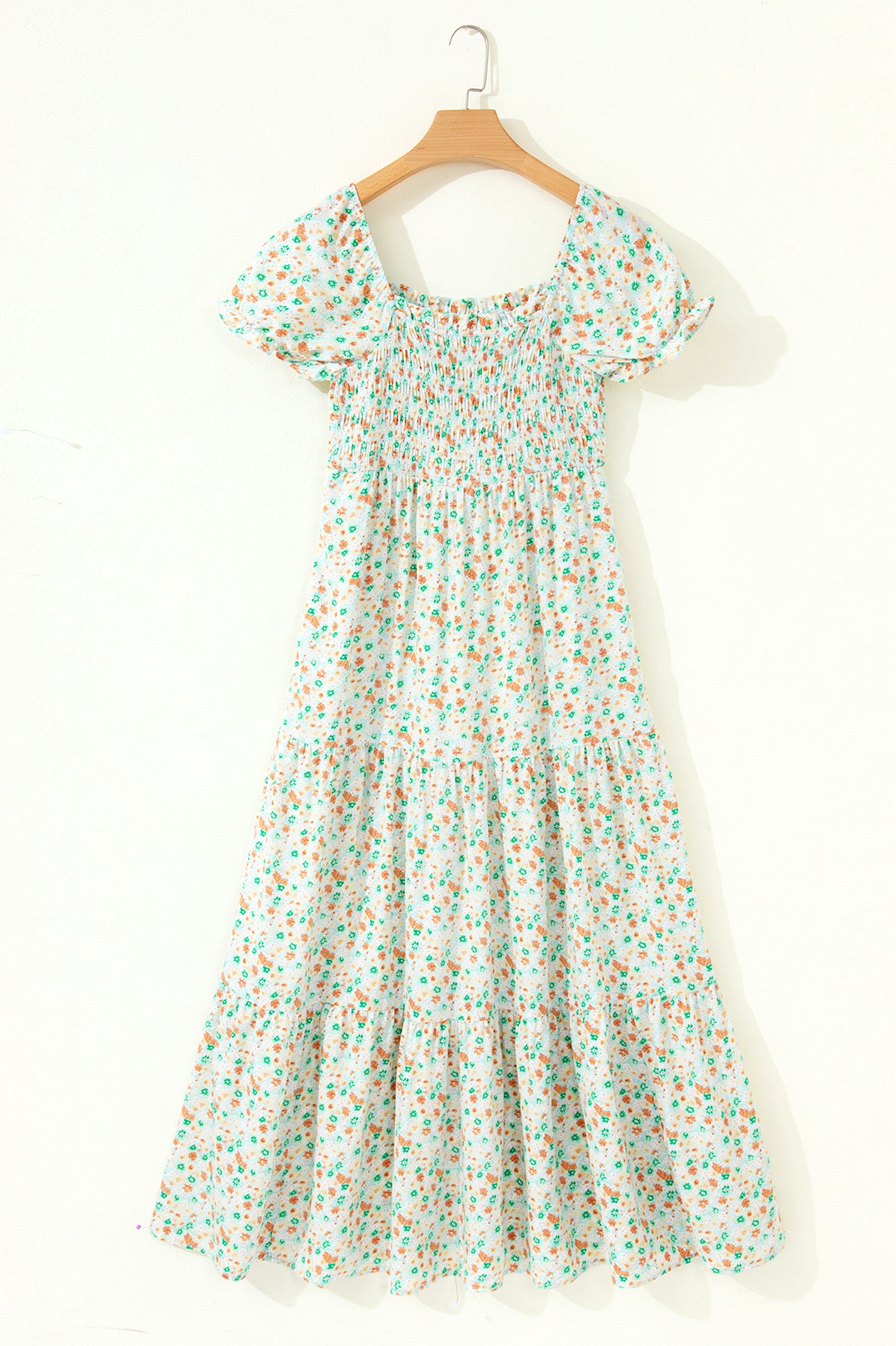Green Floral Short Bubble Sleeve Shirred High Waist Maxi Dress-TOPS / DRESSES-[Adult]-[Female]-2022 Online Blue Zone Planet