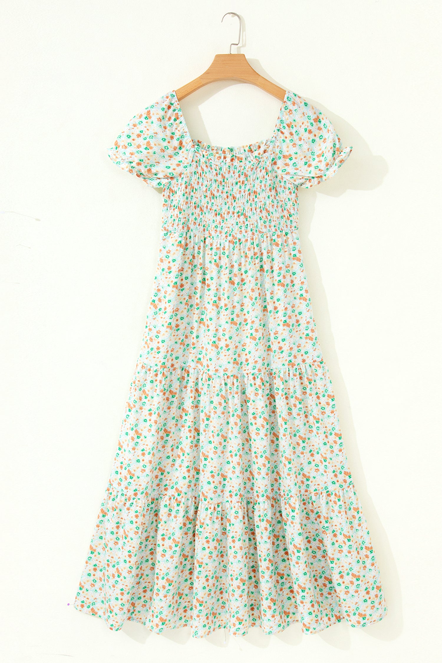 Green Floral Short Bubble Sleeve Shirred High Waist Maxi Dress-TOPS / DRESSES-[Adult]-[Female]-2022 Online Blue Zone Planet