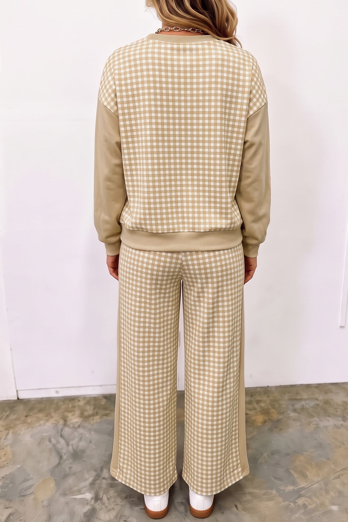 Khaki Color Block Plaid Patchwork Long Sleeve Pullover Wide Leg Pant Set-Two Piece Sets/Pant Sets-[Adult]-[Female]-2022 Online Blue Zone Planet