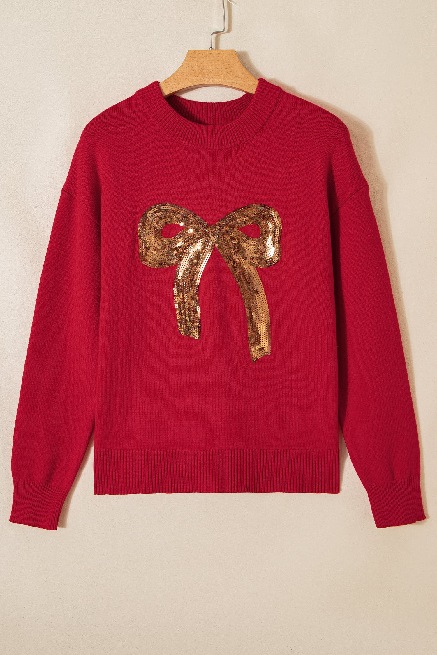 Fiery Red Sequined Bow Graphic Christmas Holiday Sweater-TOPS / DRESSES-[Adult]-[Female]-2022 Online Blue Zone Planet