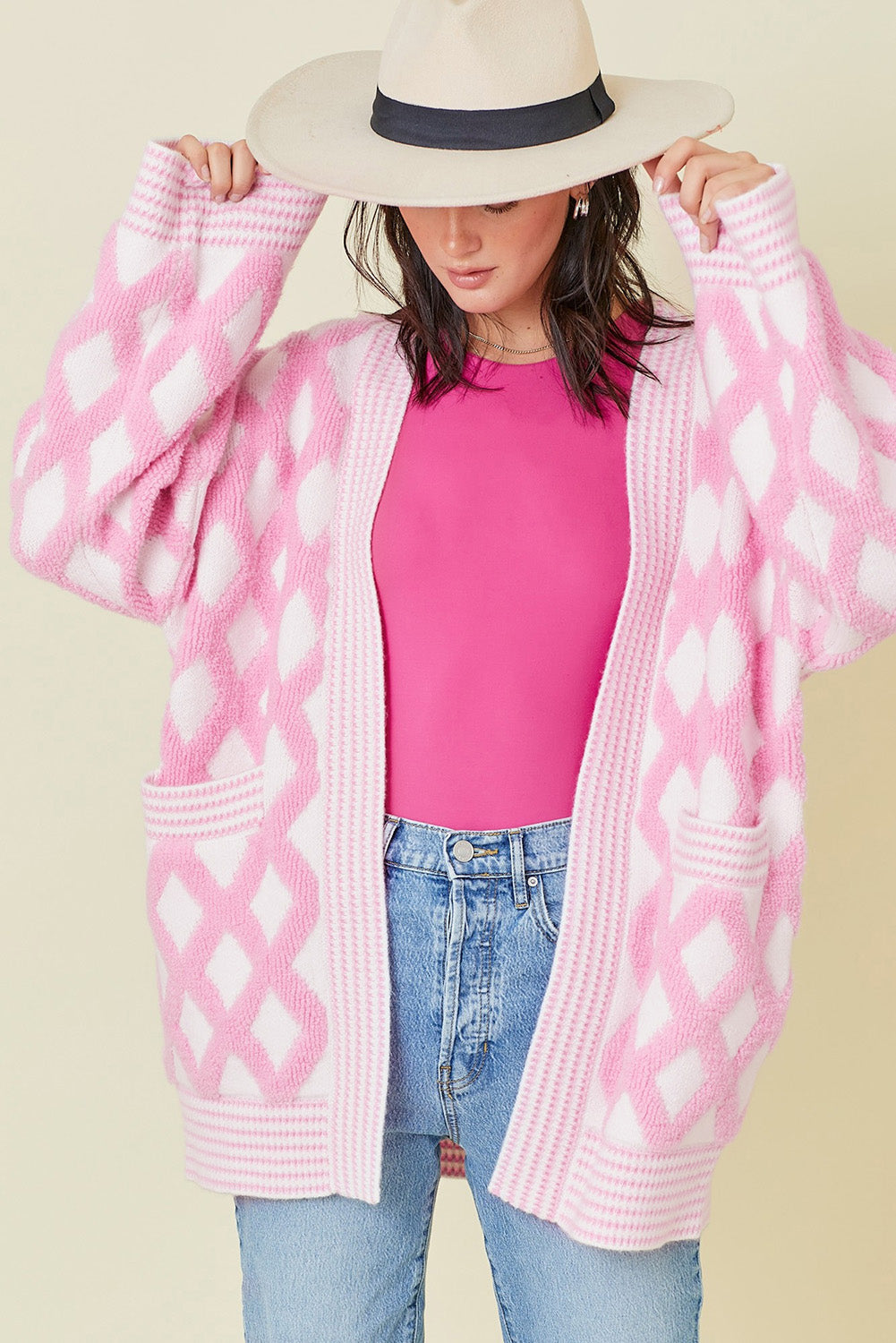 Blue Zone Planet |  Pink Rhombus Pattern Knit Open Front Pocketed Cardigans