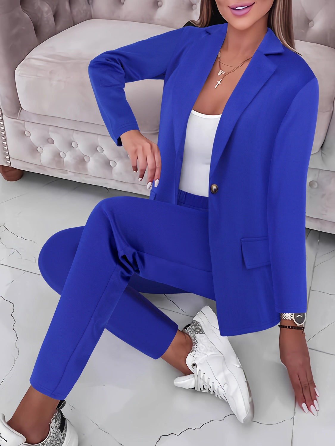 Blue Zone Planet | Lapel Collar Long Sleeve Top and Pants Set-TOPS / DRESSES-[Adult]-[Female]-Royal Blue-S-2022 Online Blue Zone Planet