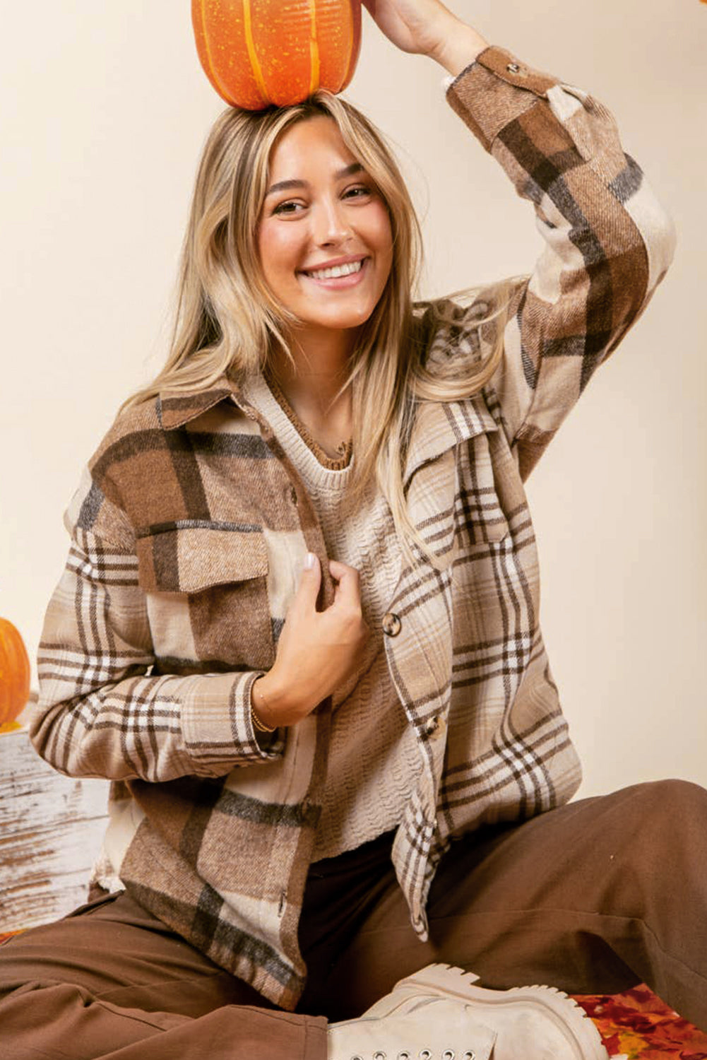 Light French Beige Flannel Plaid Double Flap Pocket Shacket-Outerwear/Plaid Shackets-[Adult]-[Female]-2022 Online Blue Zone Planet