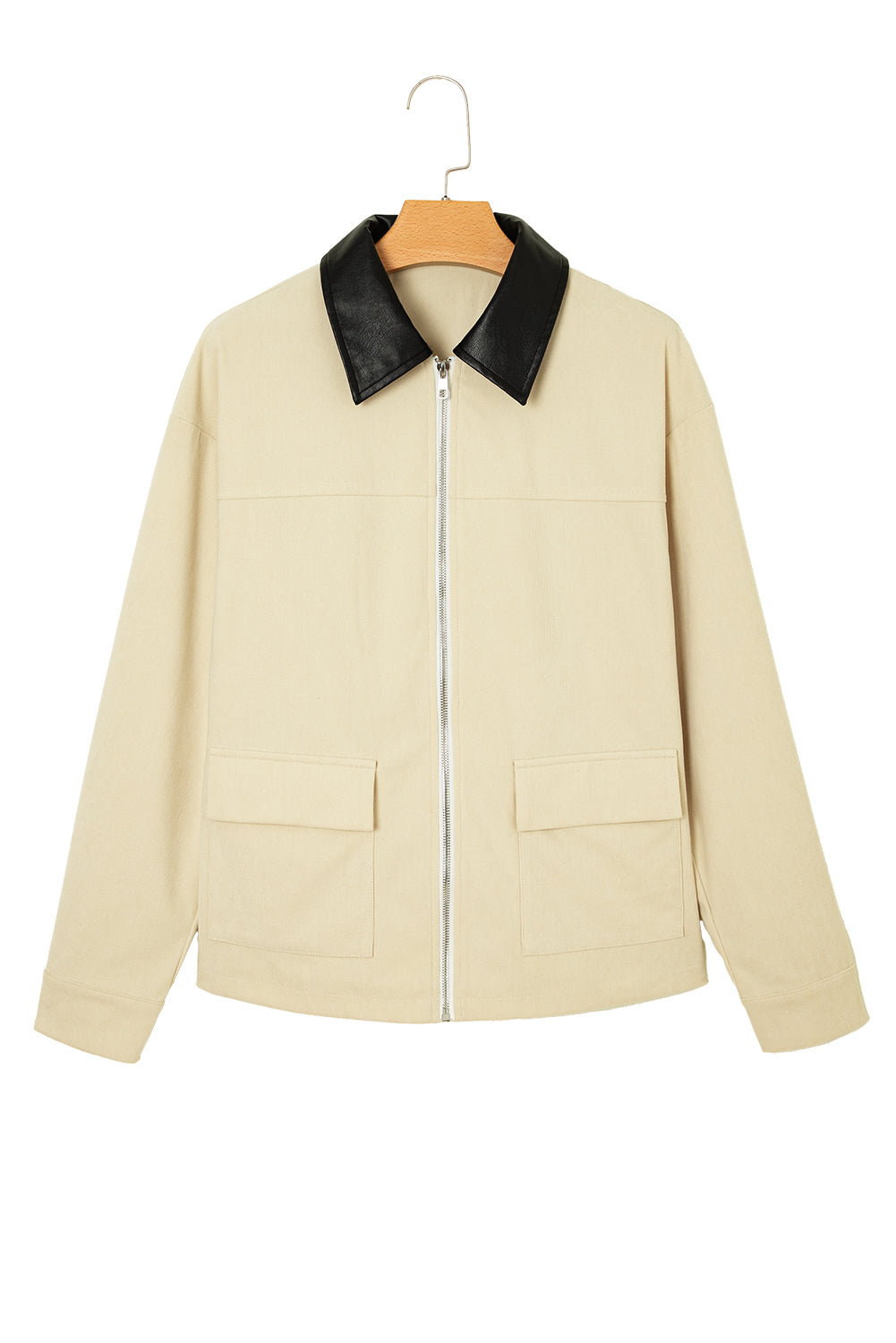 Parchment Contrast Leather Collar Textured Zip Up Jacket-Outerwear/Jackets-[Adult]-[Female]-2022 Online Blue Zone Planet