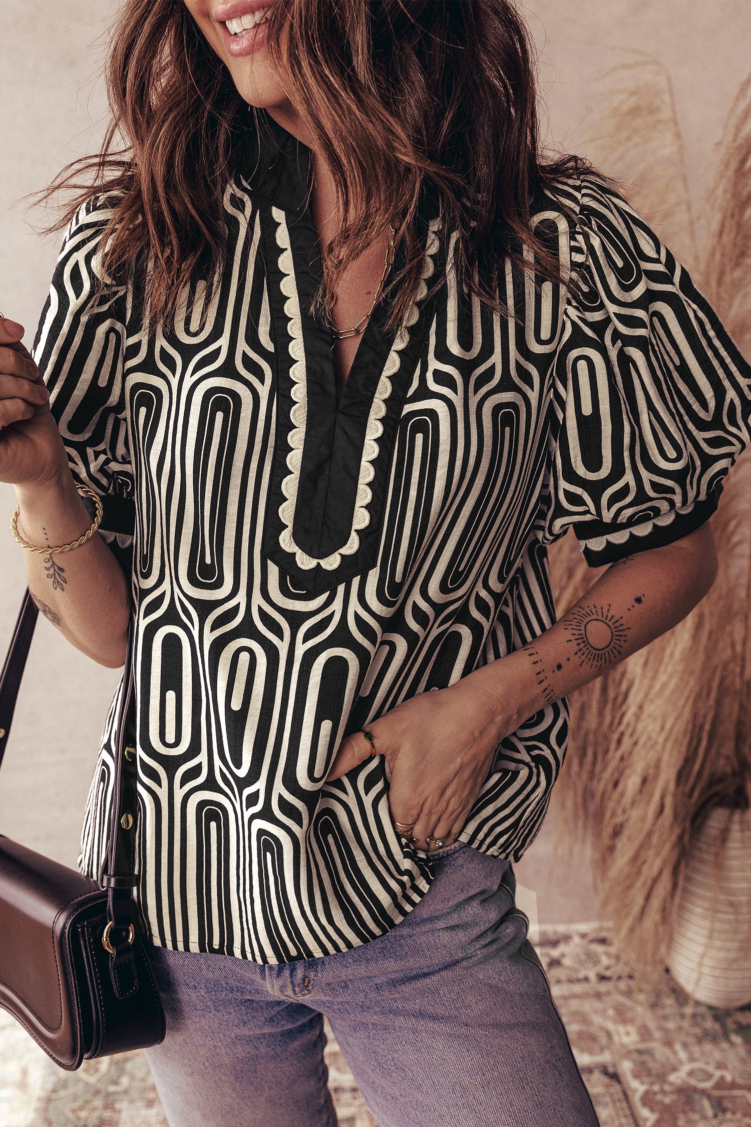 Black Geometric Print Contrast Scallop Color Block Patchwork Short Sleeve Blouse-Tops/Blouses & Shirts-[Adult]-[Female]-2022 Online Blue Zone Planet