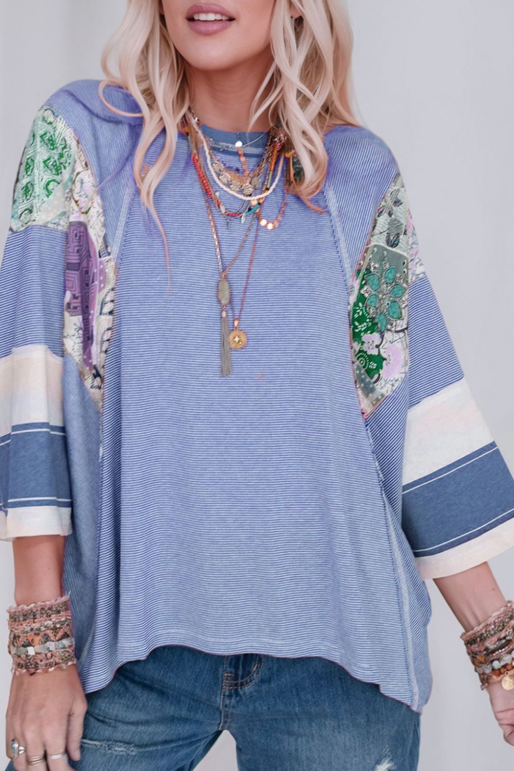 Striped Floral Patchwork Round Neck Top-TOPS / DRESSES-[Adult]-[Female]-2022 Online Blue Zone Planet