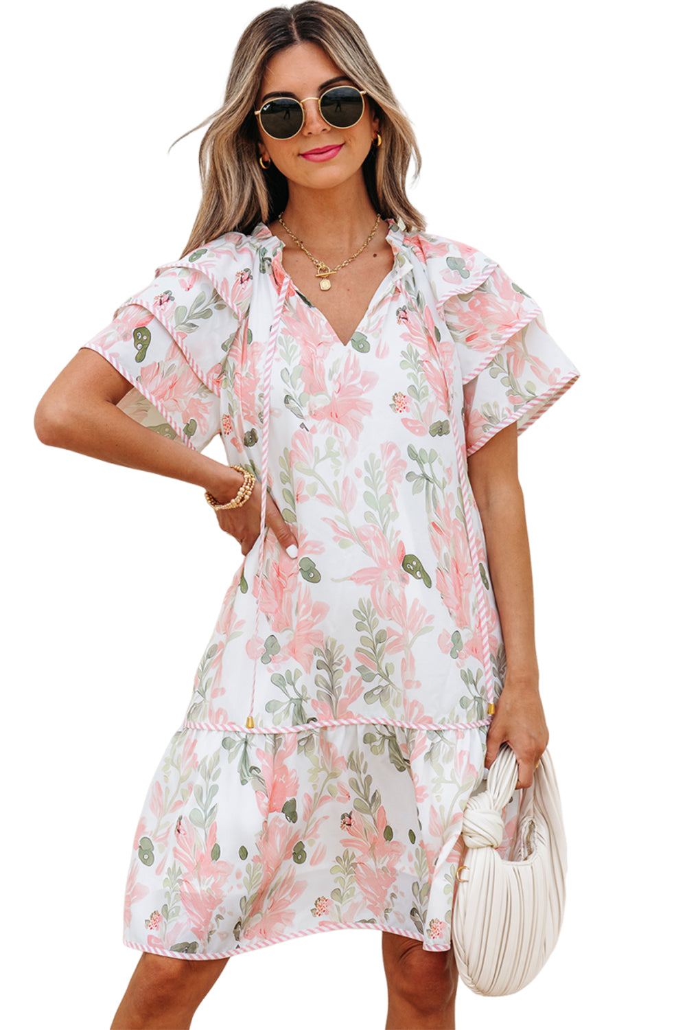 Pink Floral Contrast Edge Layered Short Sleeve Mini Dress-TOPS / DRESSES-[Adult]-[Female]-2022 Online Blue Zone Planet