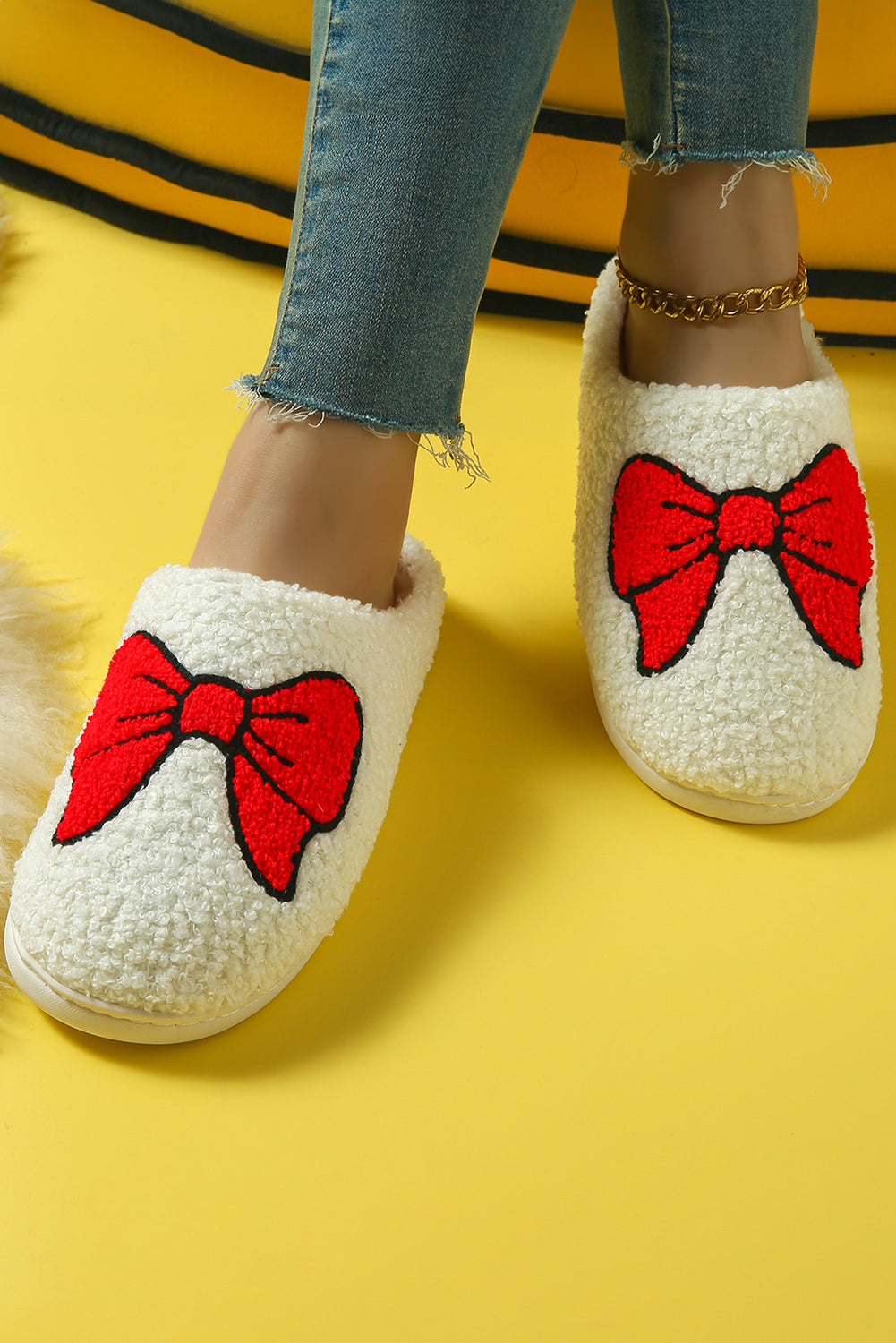 White Sweet Bow Knot Plush Warm Slippers-Slides Shoes + Flip Flops-[Adult]-[Female]-2022 Online Blue Zone Planet