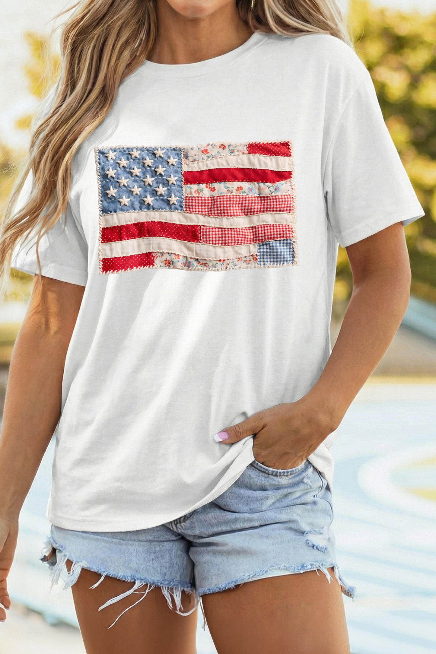 White Faux Patchwork Printed Us Flag Casual Tee-Graphic/Graphic Tees-[Adult]-[Female]-2022 Online Blue Zone Planet
