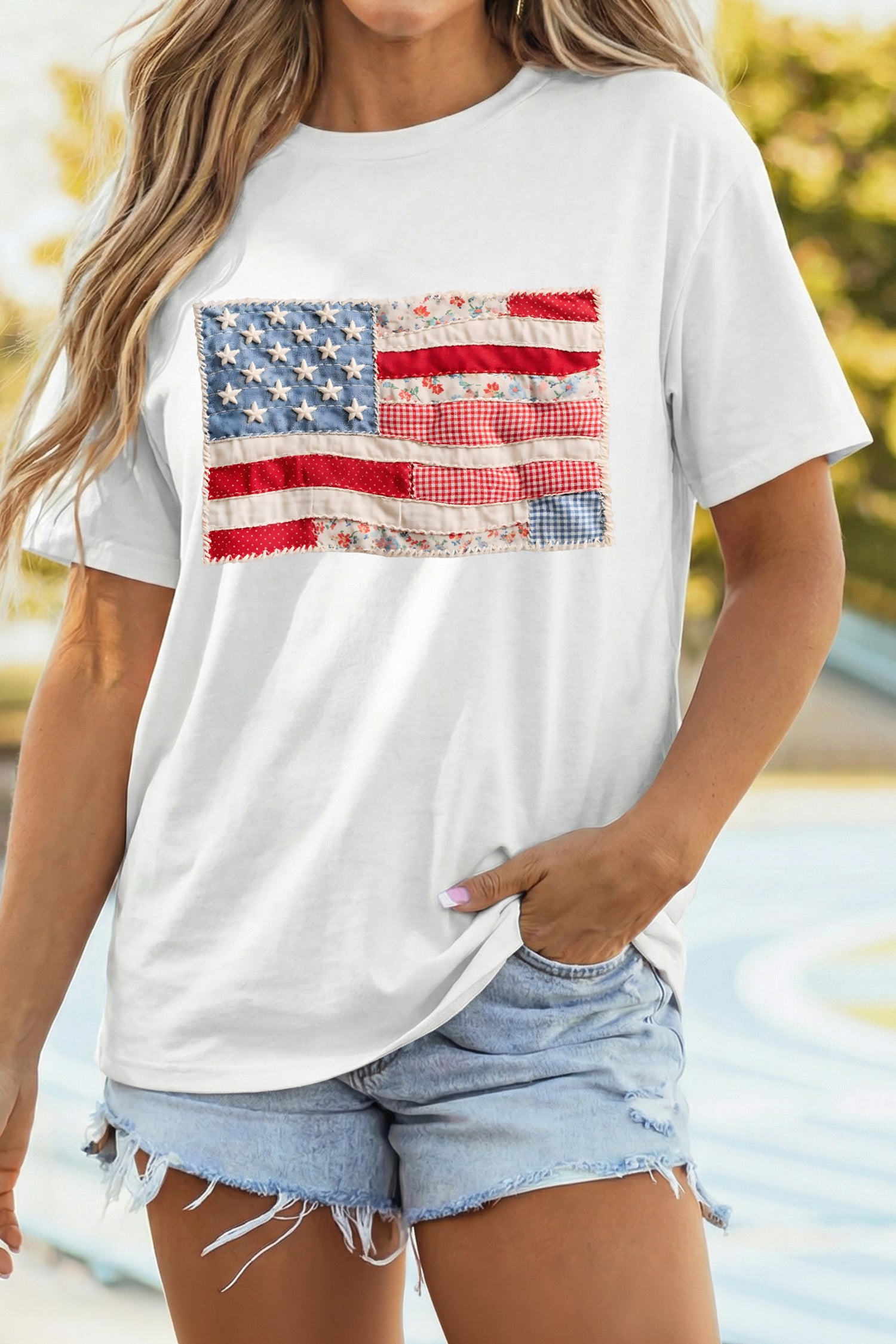 White Faux Patchwork Printed Us Flag Casual Tee-Graphic/Graphic Tees-[Adult]-[Female]-2022 Online Blue Zone Planet