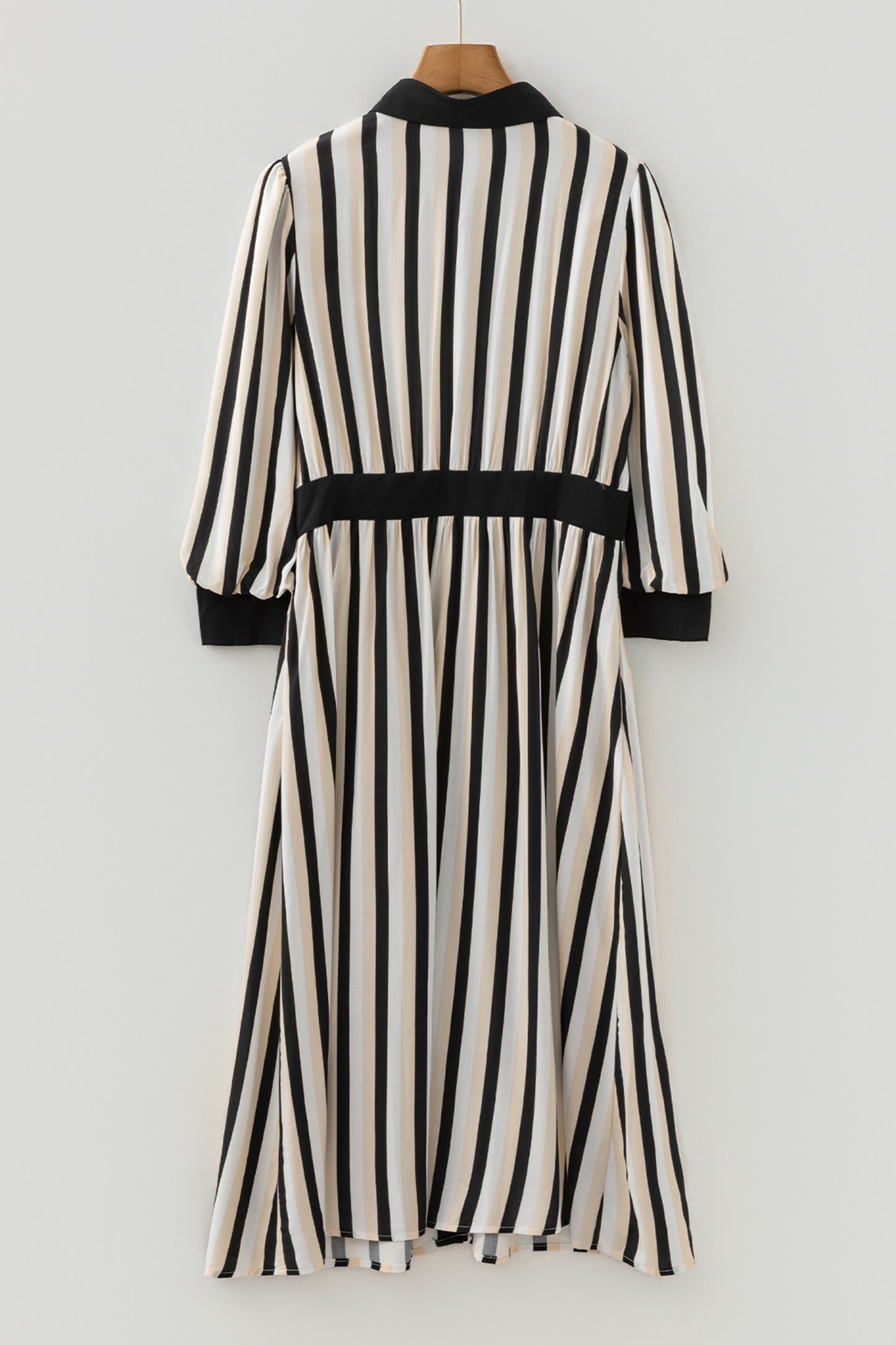 Black Stripe 3/4 Puff Sleeve Shirt Style Button Down Midi Dress-TOPS / DRESSES-[Adult]-[Female]-2022 Online Blue Zone Planet